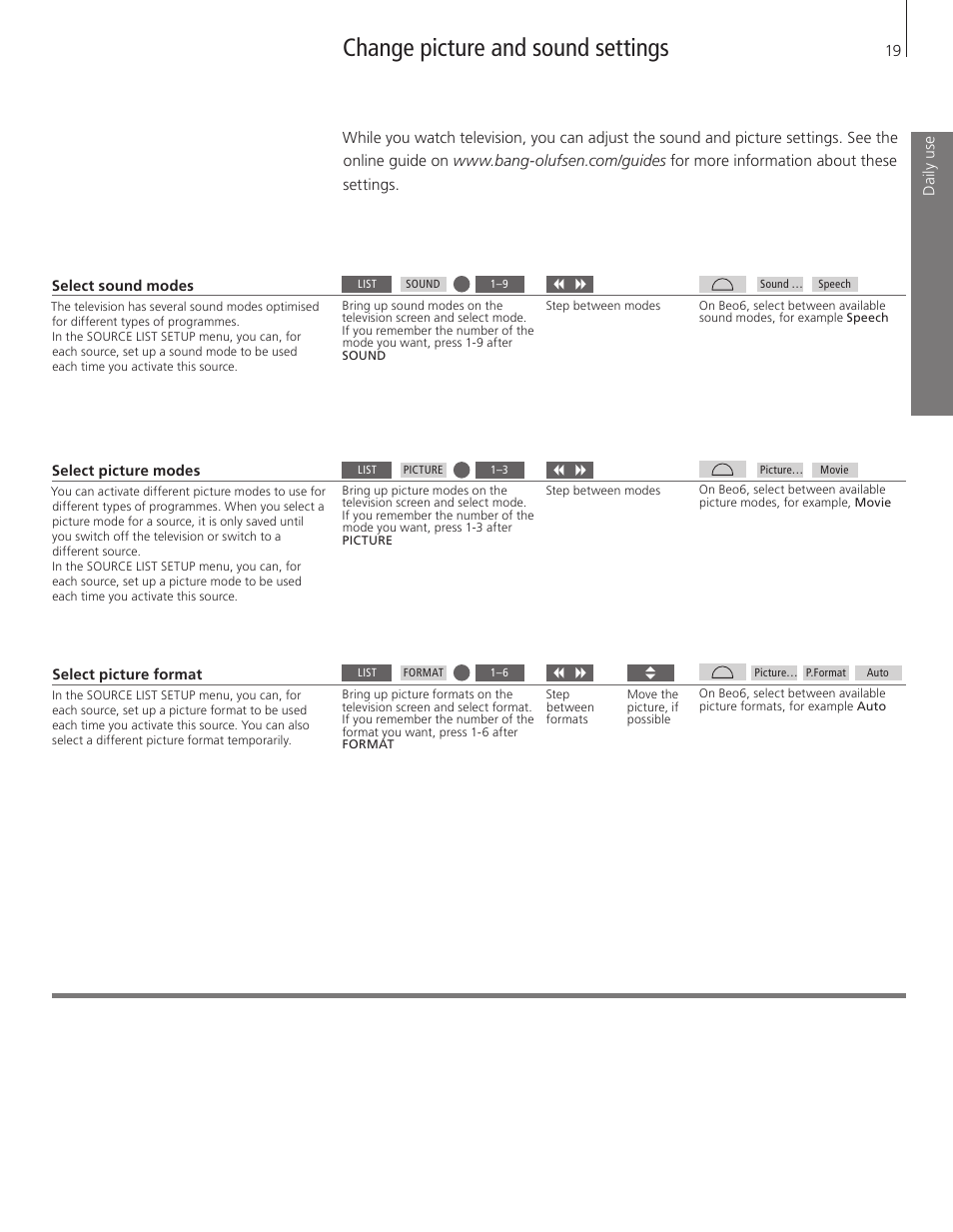 Change picture and sound settings | Bang & Olufsen BeoVision 11 with Beo4 Getting Started User Manual | Page 19 / 32