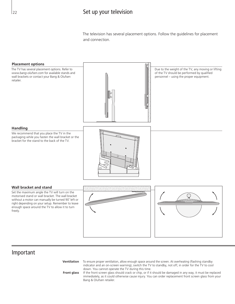 Set up your television, Set up your television important | Bang & Olufsen BeoVision 11 with Beo4 Getting Started User Manual | Page 22 / 32