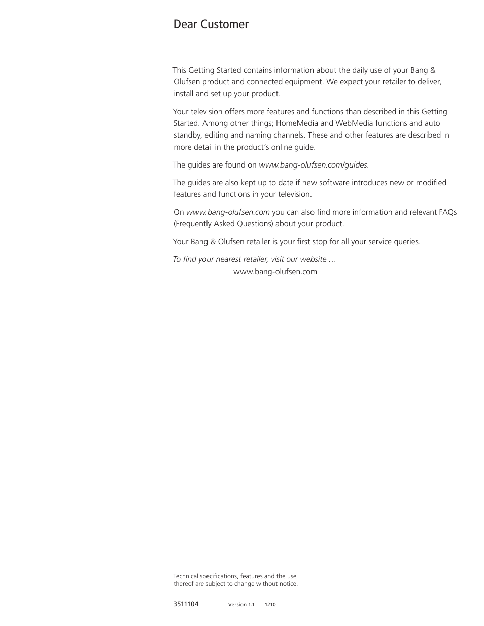 Dear customer | Bang & Olufsen BeoVision 11 with Beo4 Getting Started User Manual | Page 3 / 32