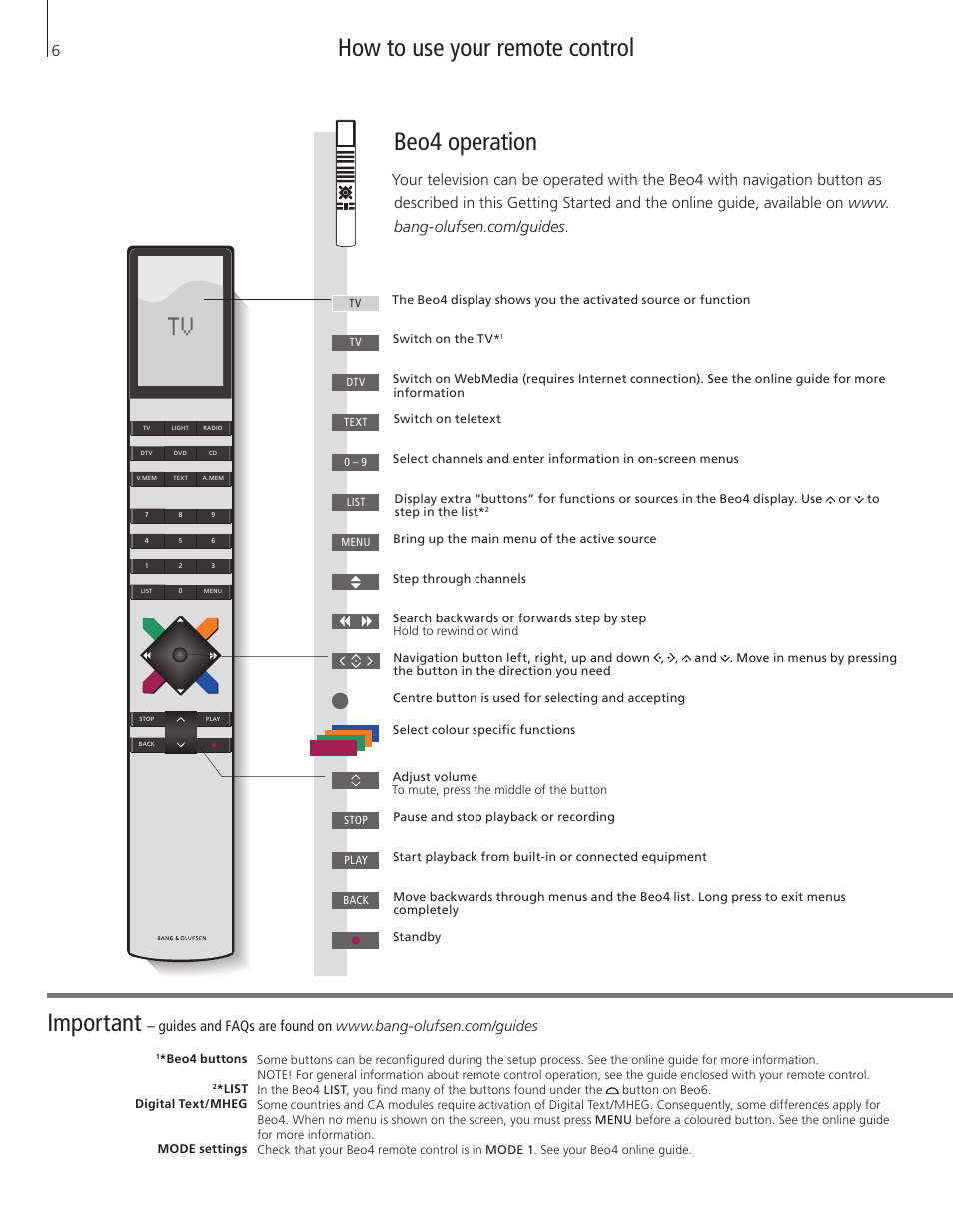 How to use your remote control, How to use your remote control important, Beo4 operation | Bang & Olufsen BeoVision 11 with Beo4 Getting Started User Manual | Page 6 / 32