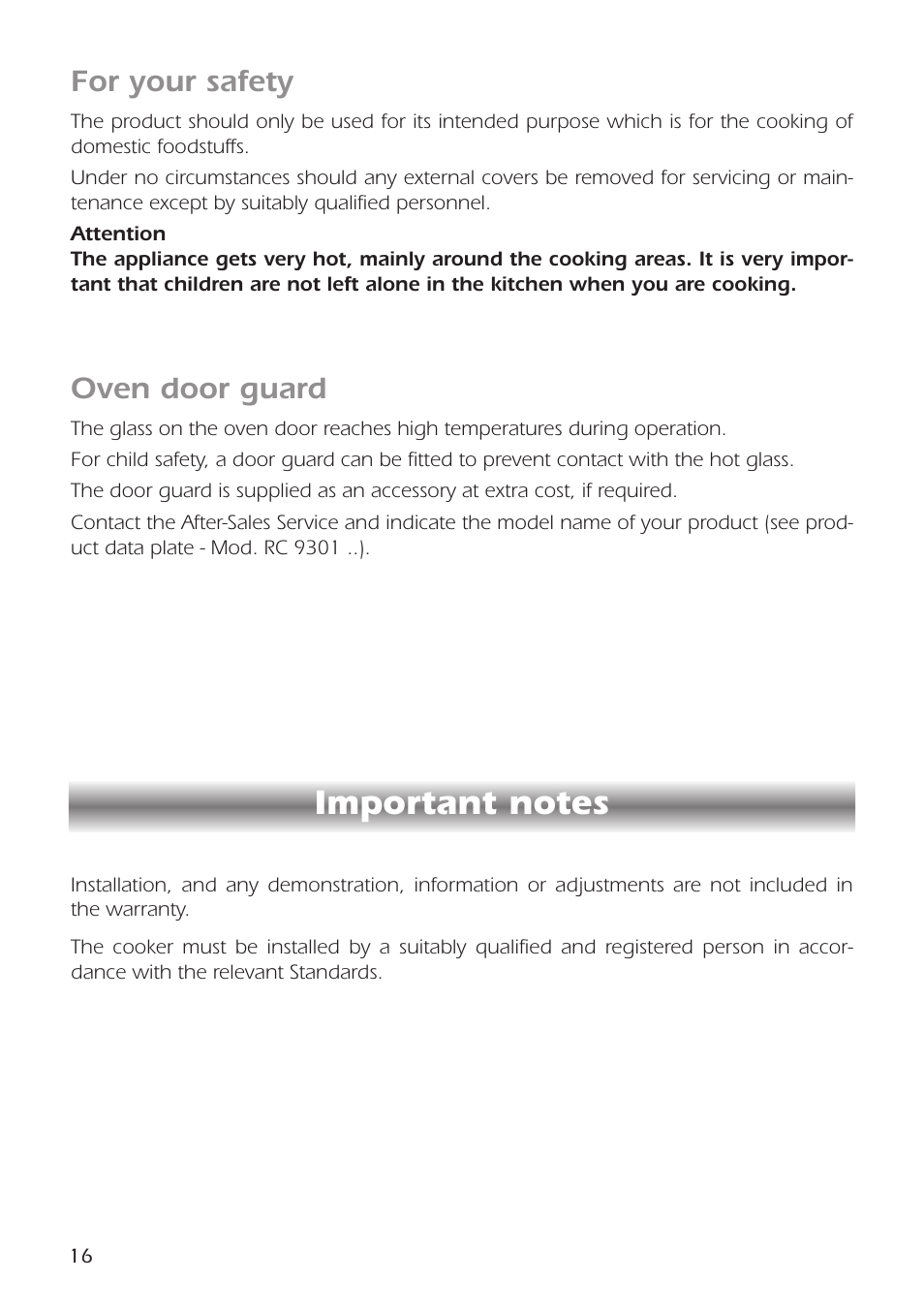 For your safety, Oven door guard | CDA RC9301 User Manual | Page 16 / 44