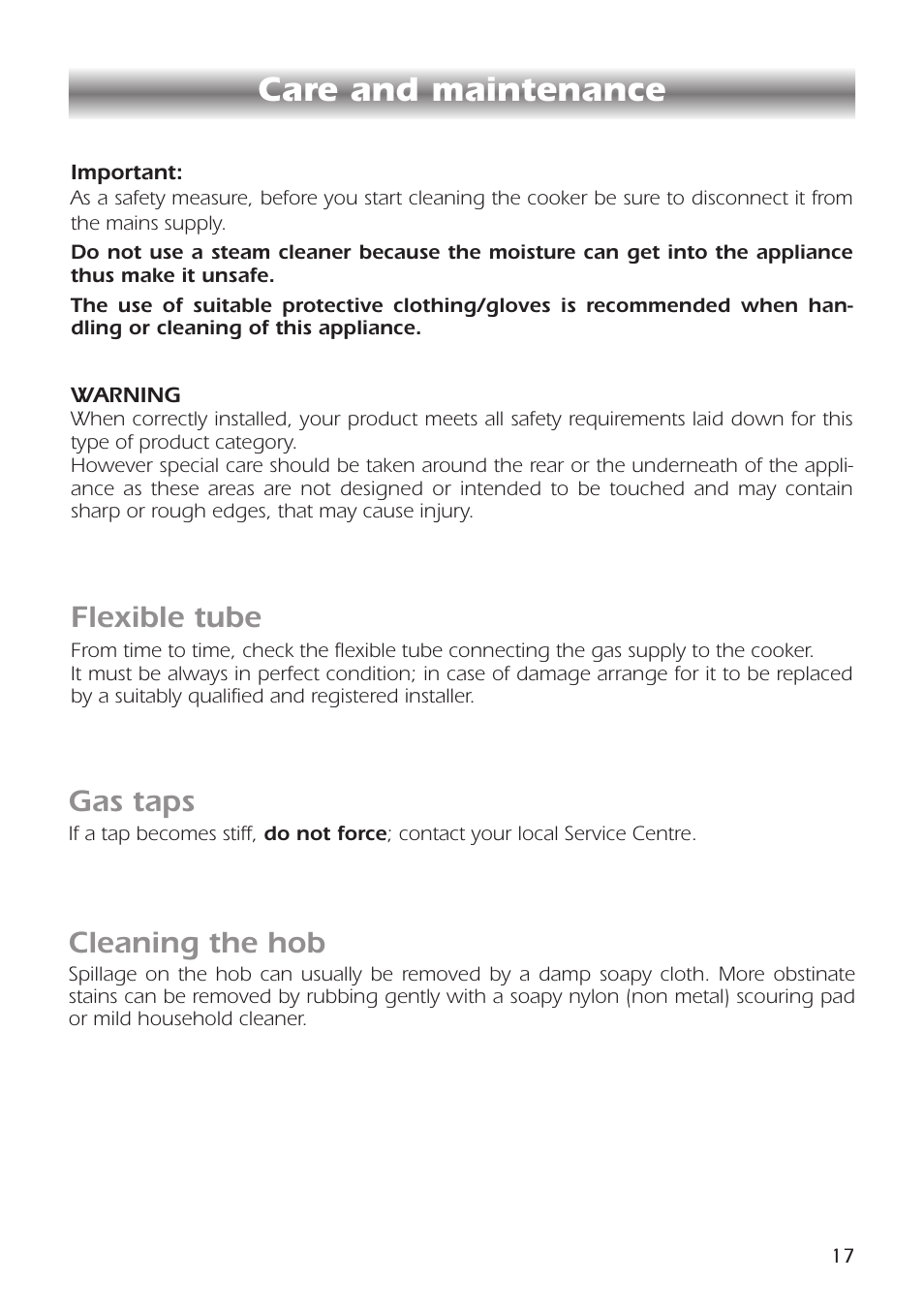 Care and maintenance, Cleaning the hob, Flexible tube | Gas taps | CDA RC9301 User Manual | Page 17 / 44