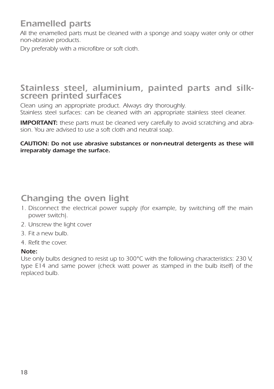 Changing the oven light, Enamelled parts | CDA RC9301 User Manual | Page 18 / 44