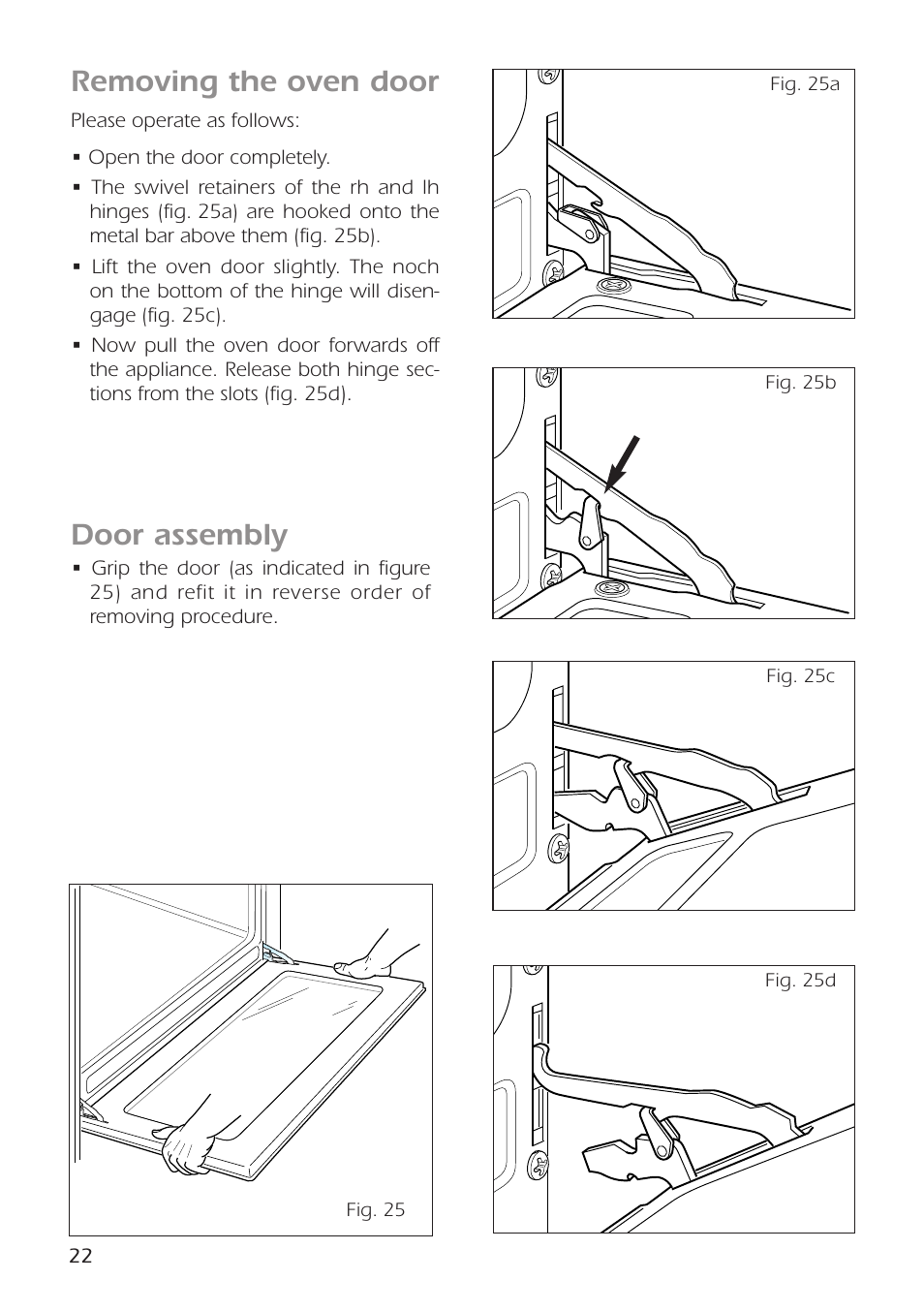 Door assembly, Removing the oven door | CDA RC9301 User Manual | Page 22 / 44