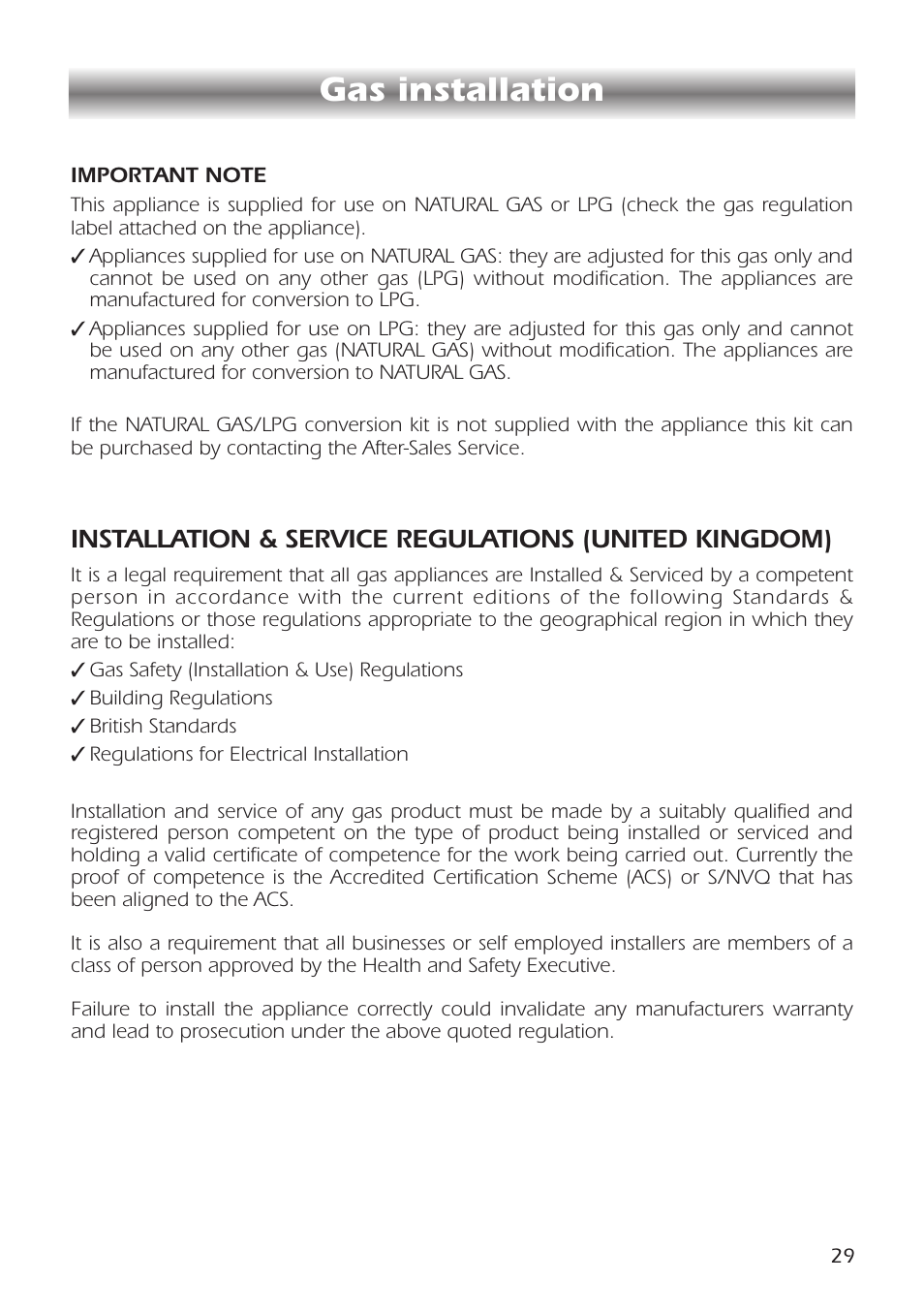 Gas installation | CDA RC9301 User Manual | Page 29 / 44