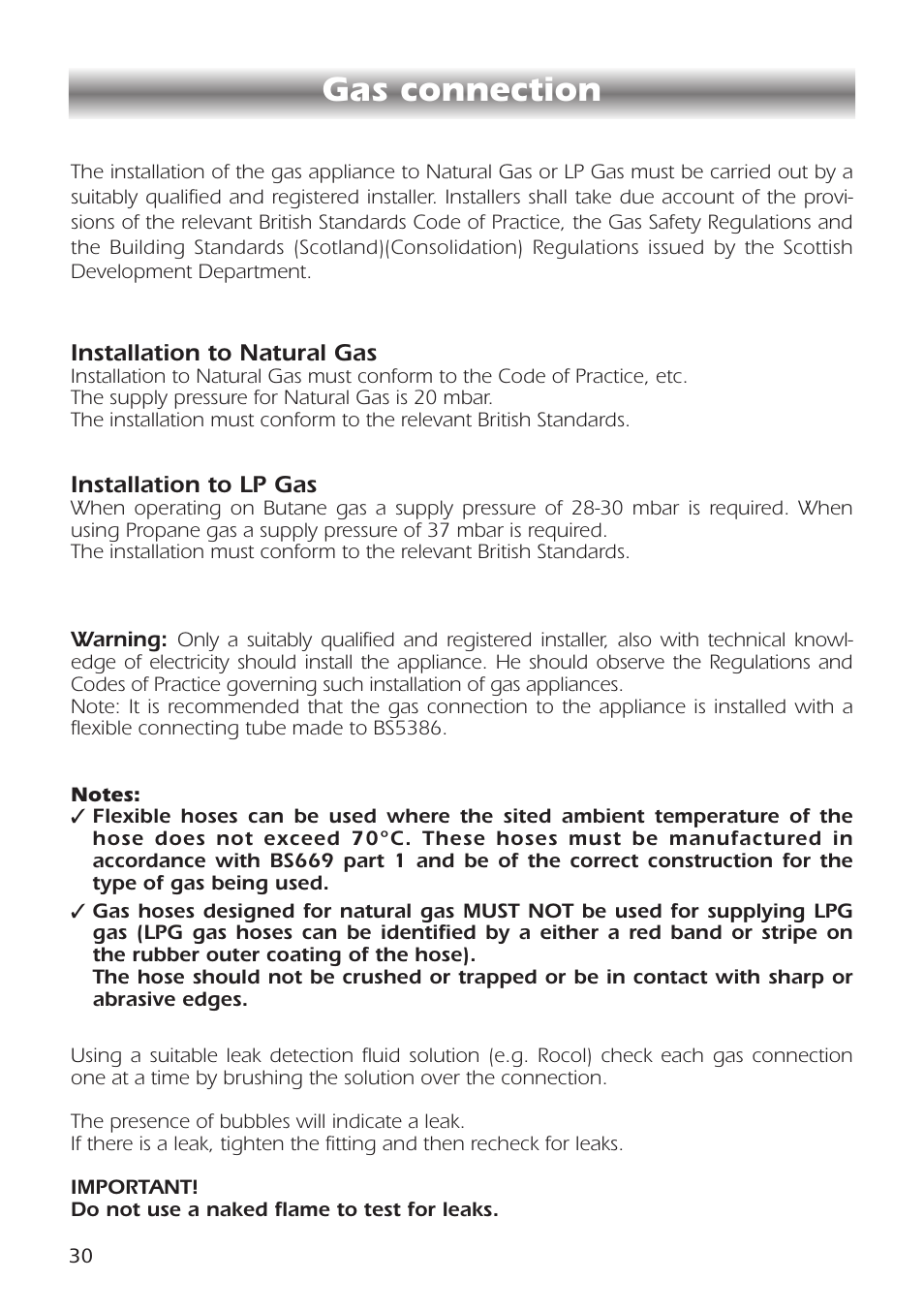 Gas connection | CDA RC9301 User Manual | Page 30 / 44