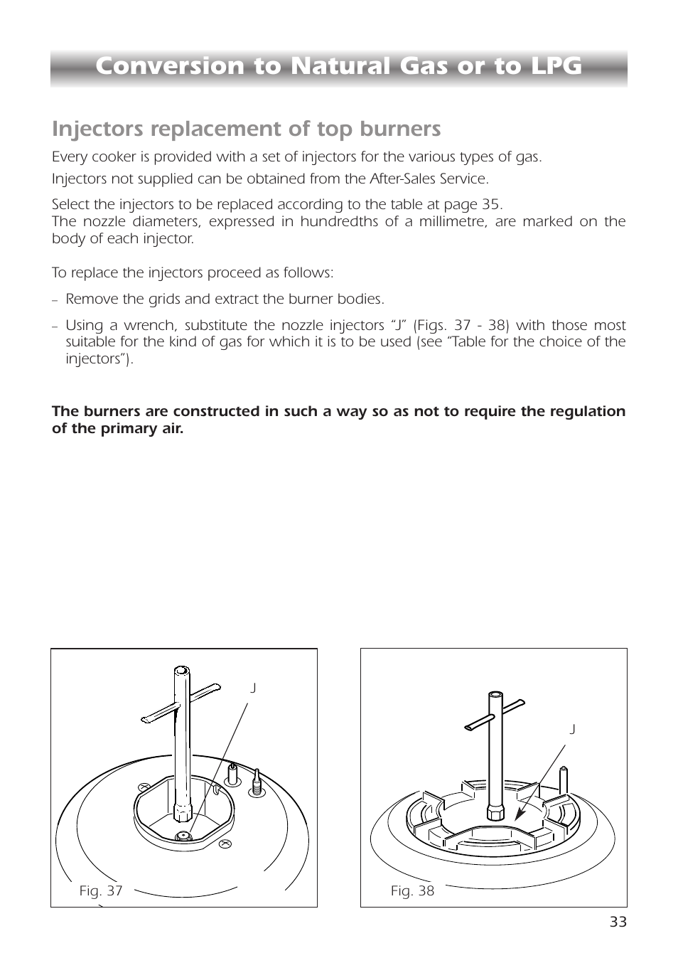 Conversion to natural gas or to lpg, Injectors replacement of top burners | CDA RC9301 User Manual | Page 33 / 44