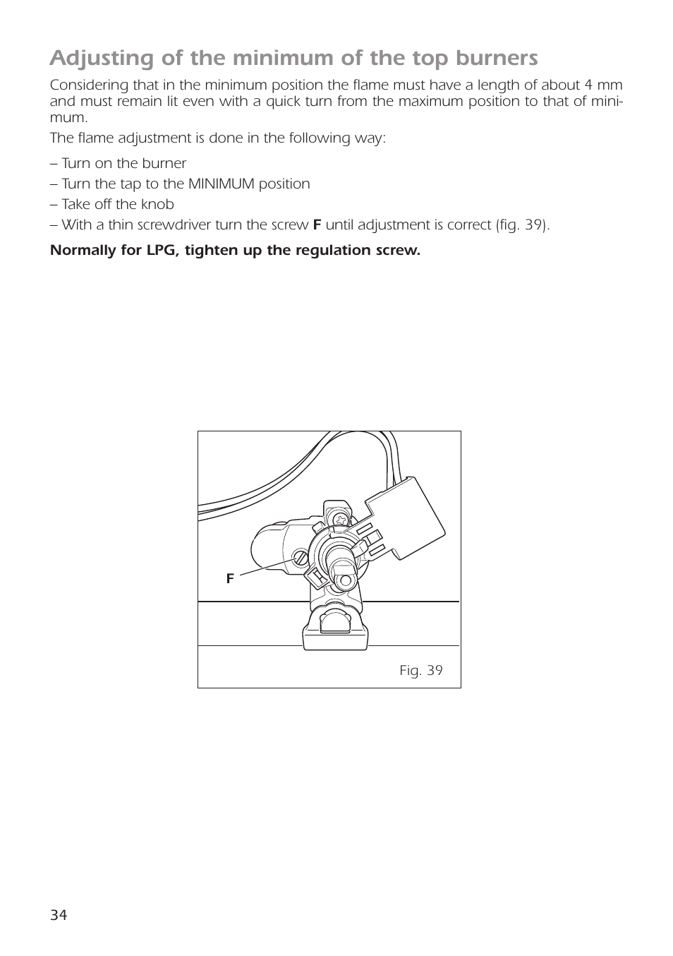 Adjusting of the minimum of the top burners | CDA RC9301 User Manual | Page 34 / 44