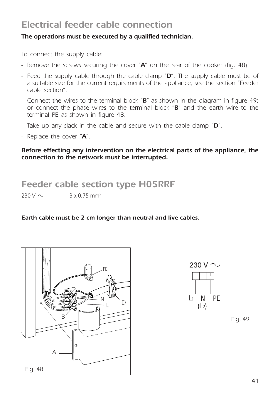 Electrical feeder cable connection | CDA RC9301 User Manual | Page 41 / 44