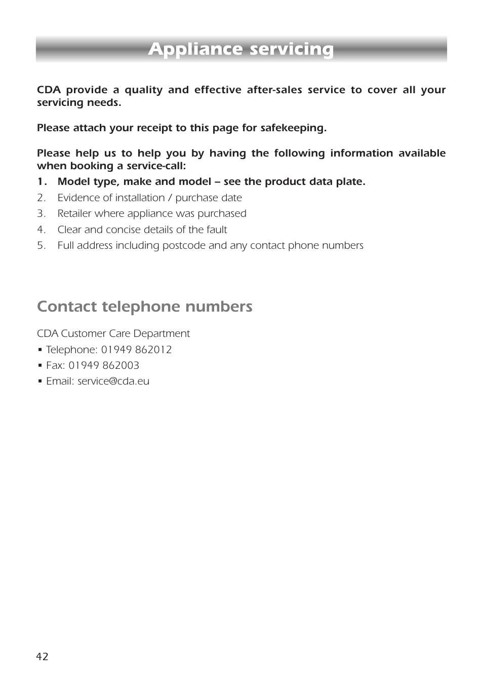 Appliance servicing, Contact telephone numbers | CDA RC9301 User Manual | Page 42 / 44