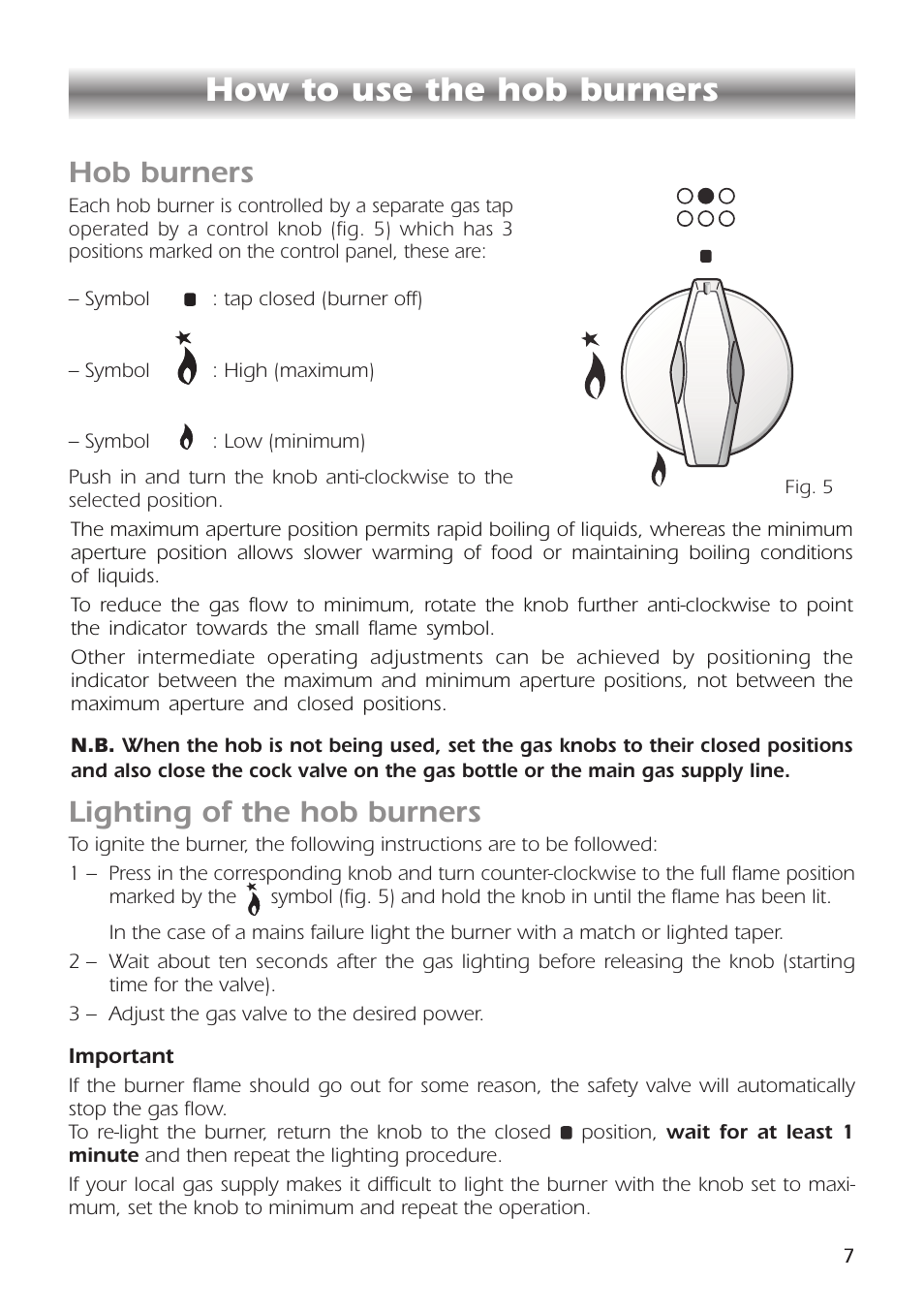 How to use the hob burners, Hob burners, Lighting of the hob burners | CDA RC9301 User Manual | Page 7 / 44