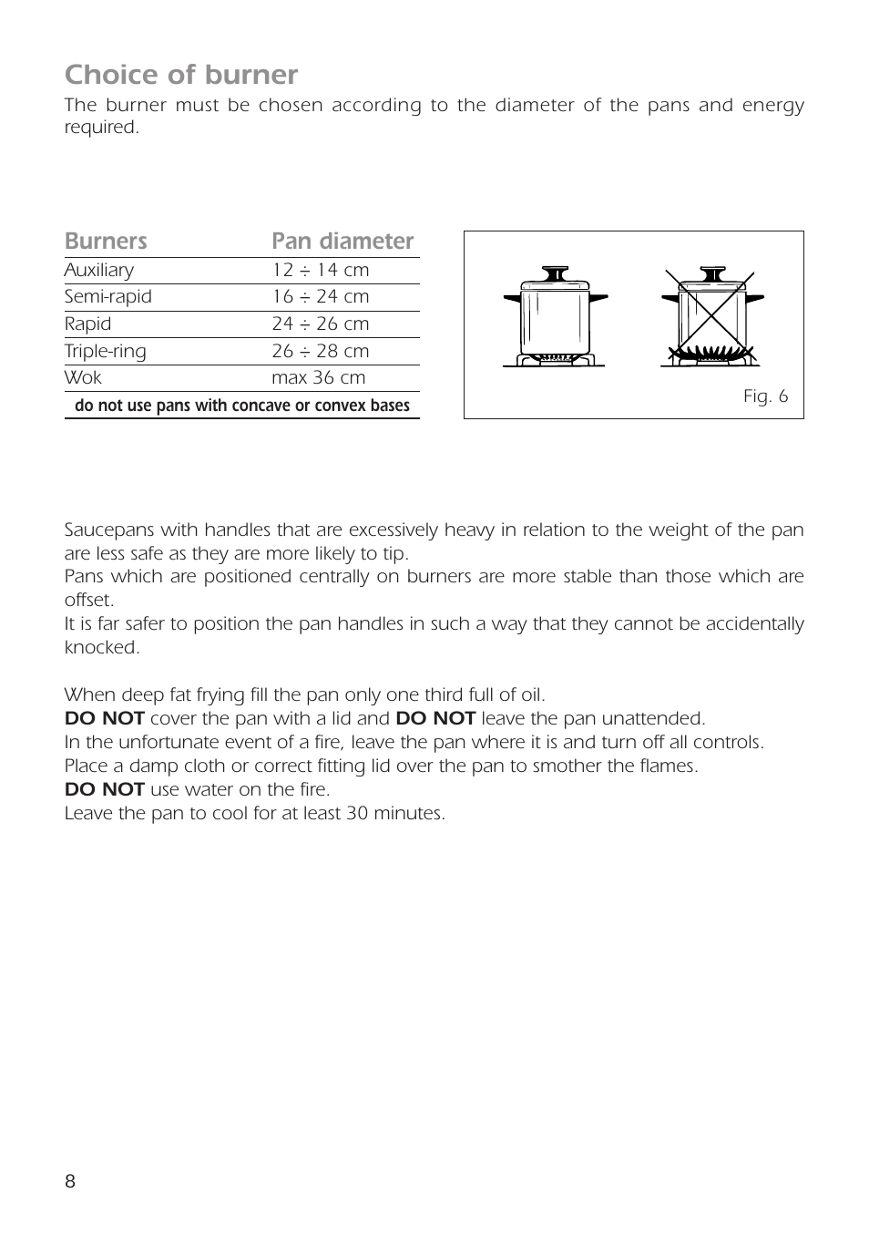 Choice of burner, Burners pan diameter | CDA RC9301 User Manual | Page 8 / 44