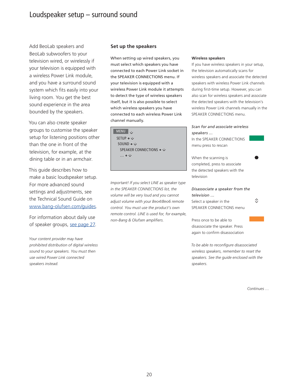 Loudspeaker setup – surround sound | Bang & Olufsen BeoVision 11 with Beo4 User Guide User Manual | Page 20 / 62