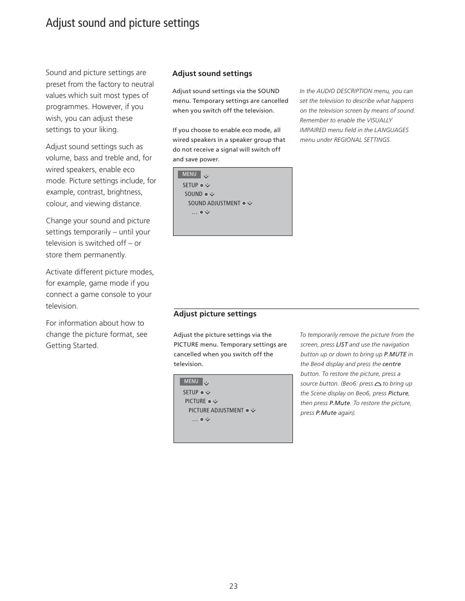 Adjust sound and picture settings, Adjust sound and picture settings, 23 | Bang & Olufsen BeoVision 11 with Beo4 User Guide User Manual | Page 23 / 62