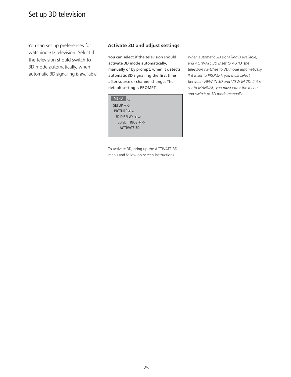 Set up 3d television | Bang & Olufsen BeoVision 11 with Beo4 User Guide User Manual | Page 25 / 62