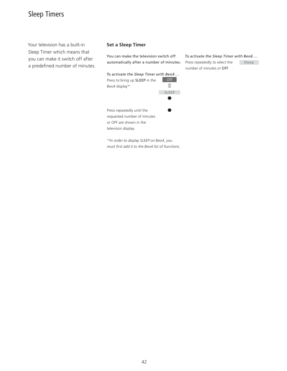 Sleep timers | Bang & Olufsen BeoVision 11 with Beo4 User Guide User Manual | Page 42 / 62