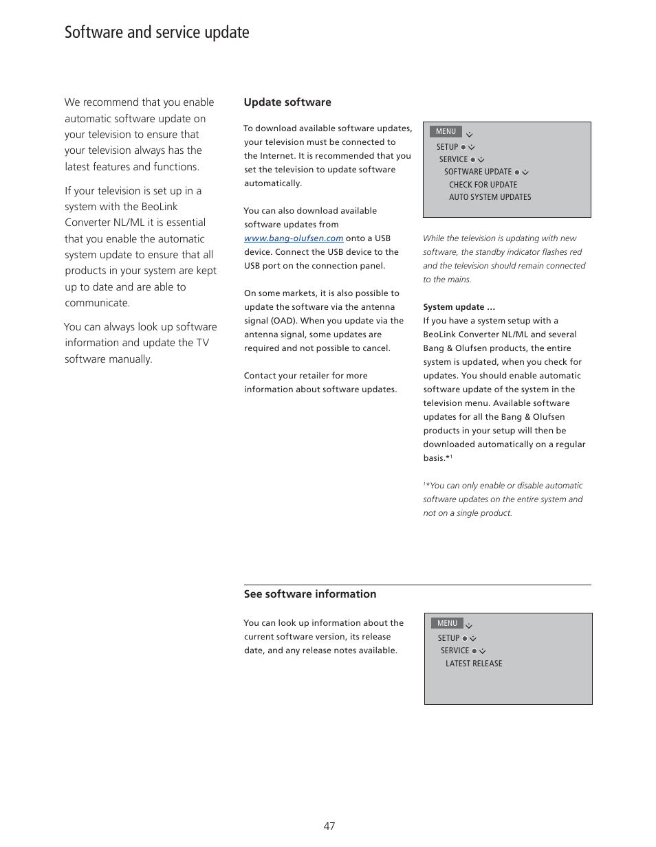 Software and service update | Bang & Olufsen BeoVision 11 with Beo4 User Guide User Manual | Page 47 / 62