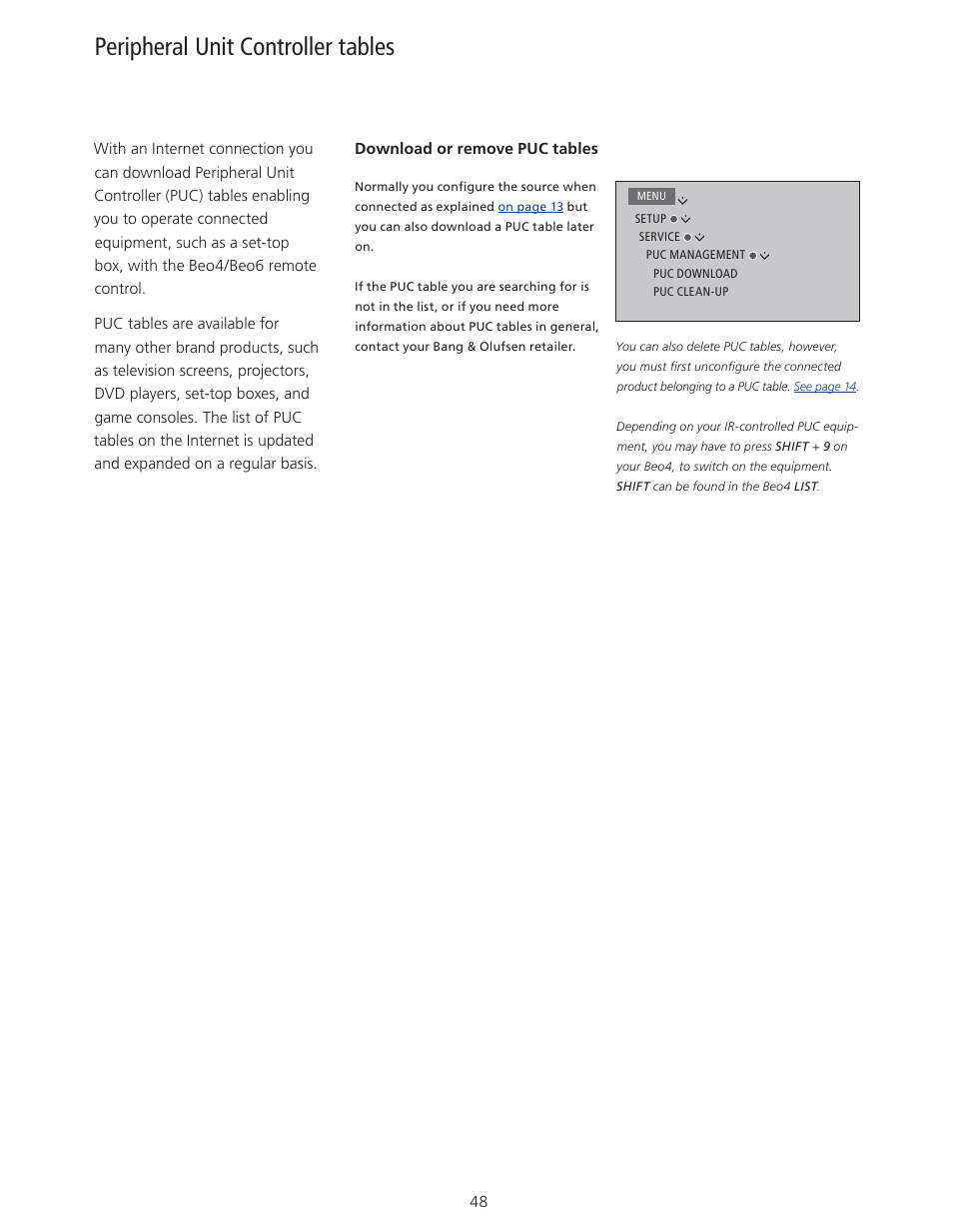 Peripheral unit controller tables | Bang & Olufsen BeoVision 11 with Beo4 User Guide User Manual | Page 48 / 62