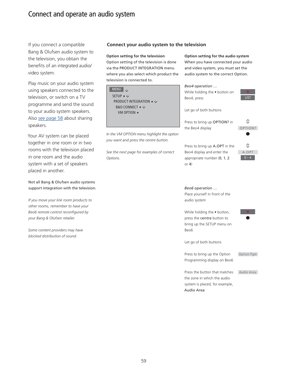 Connect a and operate an audio system, Connect and operate an audio system | Bang & Olufsen BeoVision 11 with Beo4 User Guide User Manual | Page 59 / 62