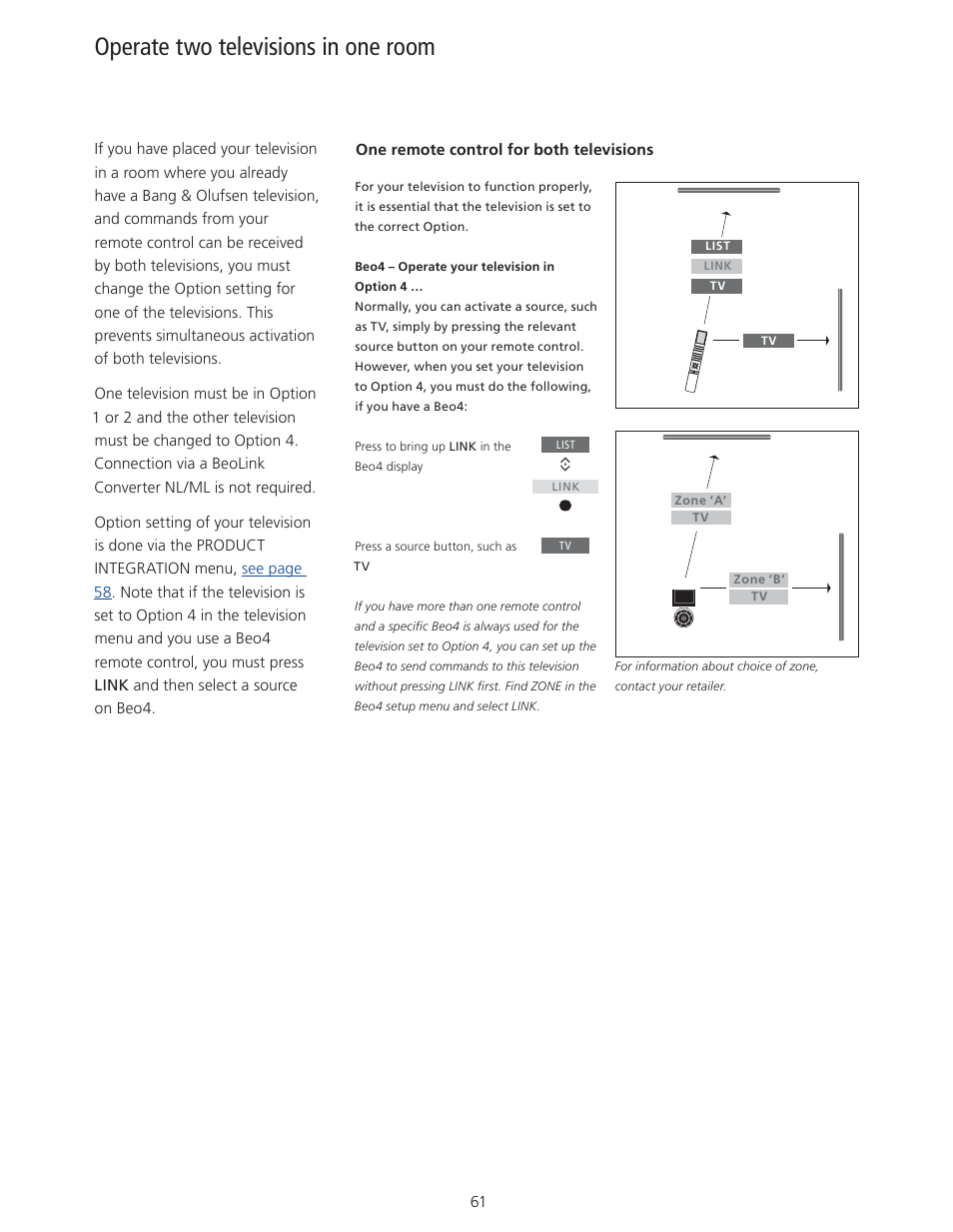 Operate two televisions in one room | Bang & Olufsen BeoVision 11 with Beo4 User Guide User Manual | Page 61 / 62