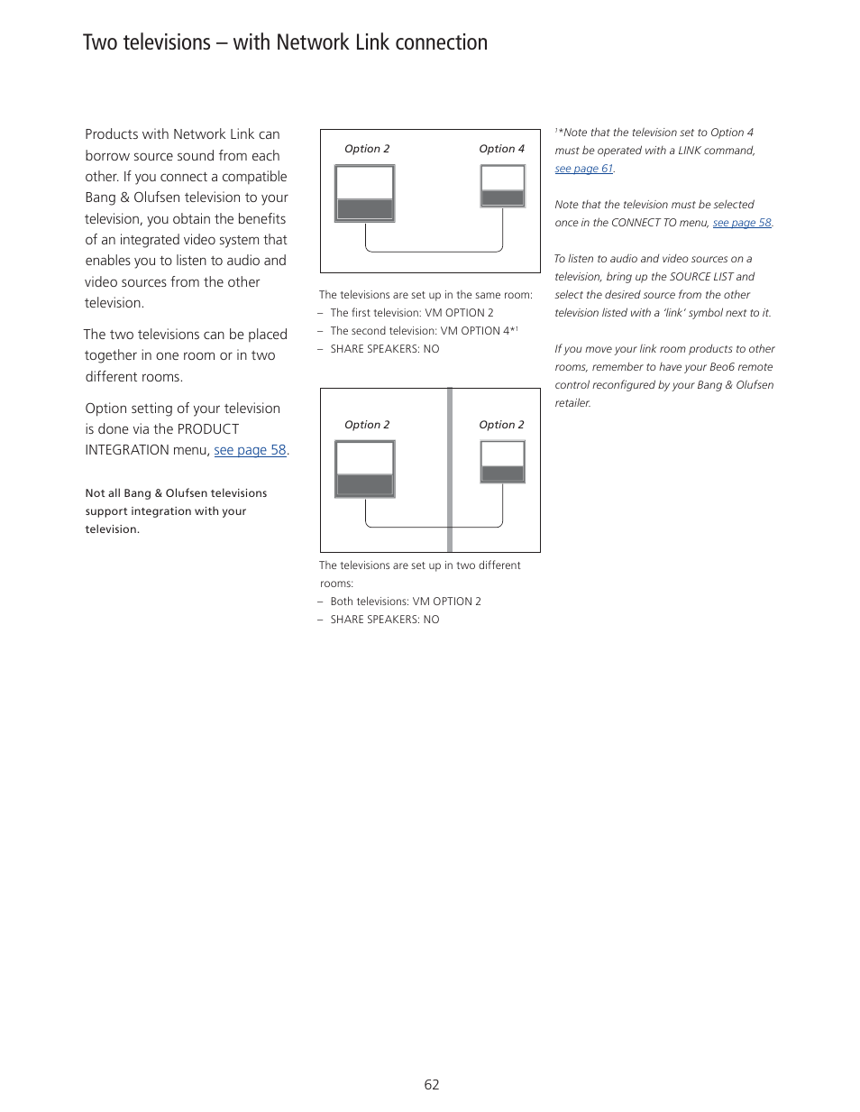 Two televisions – with network link connection, Two televisions – with network link, Television and operate an integrated video system | Bang & Olufsen BeoVision 11 with Beo4 User Guide User Manual | Page 62 / 62
