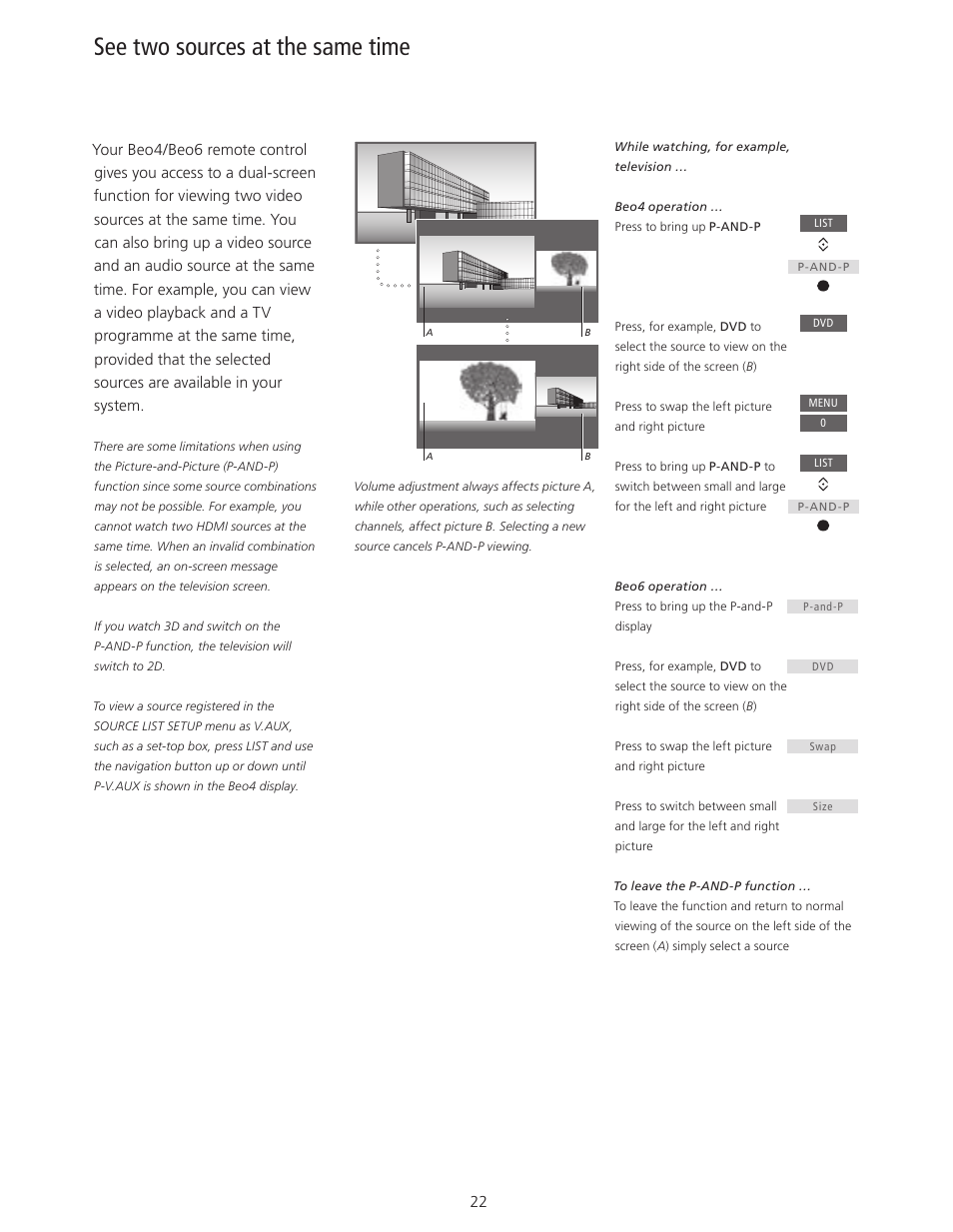 See two sources at the same time | Bang & Olufsen BeoVision 11 with Beo4 User Guide (No tuner) User Manual | Page 22 / 44