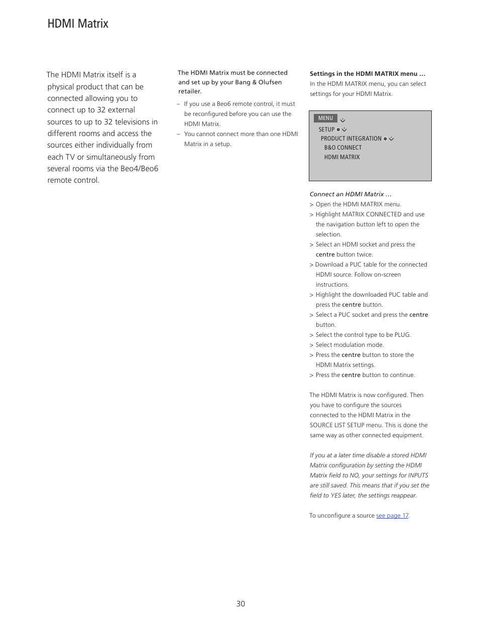 Hdmi matrix | Bang & Olufsen BeoVision 11 with Beo4 User Guide (No tuner) User Manual | Page 30 / 44
