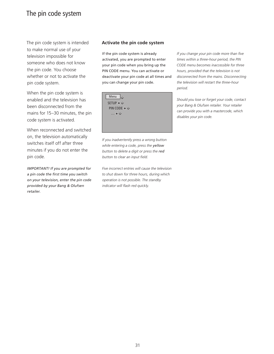 The pin code system, The pin code system, 31, How to use the pin code system | Bang & Olufsen BeoVision 11 with Beo4 User Guide (No tuner) User Manual | Page 31 / 44