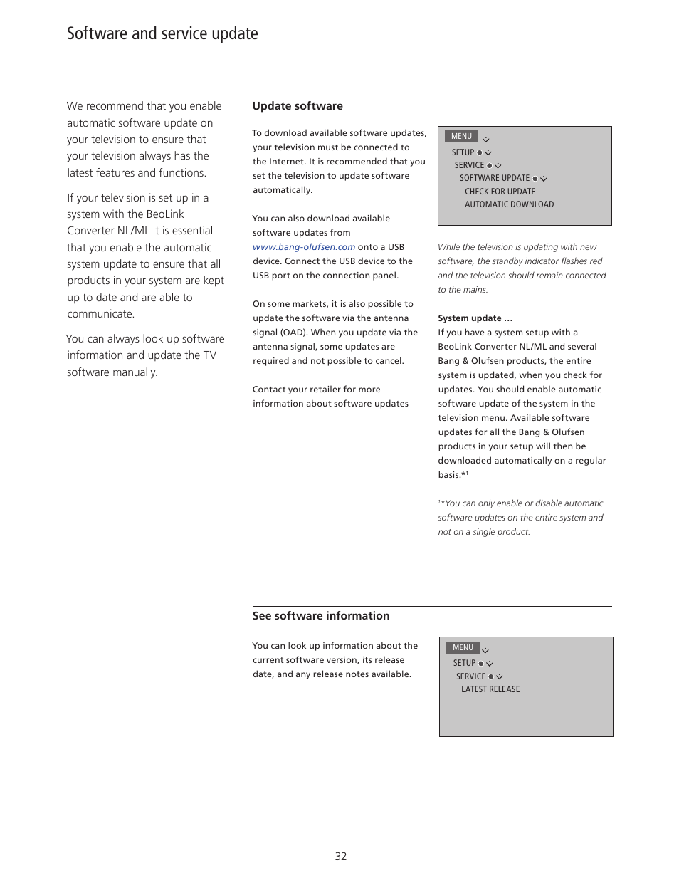 Software and service update | Bang & Olufsen BeoVision 11 with Beo4 User Guide (No tuner) User Manual | Page 32 / 44