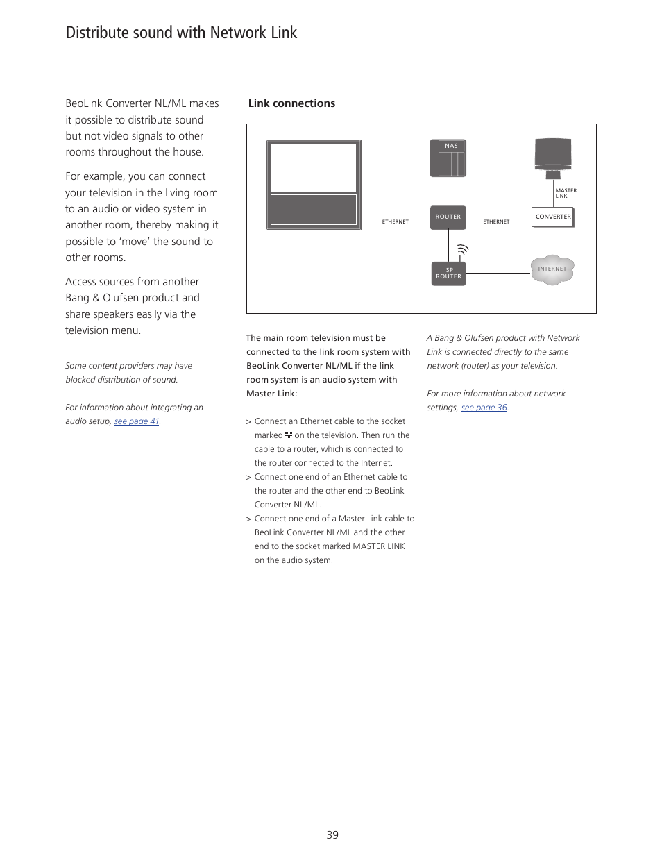 Distribute sound with network link | Bang & Olufsen BeoVision 11 with Beo4 User Guide (No tuner) User Manual | Page 39 / 44