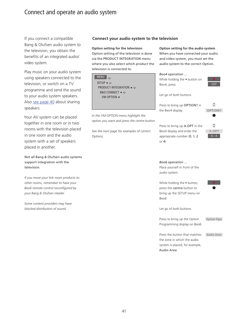 Connect and operate an audio system | Bang & Olufsen BeoVision 11 with Beo4 User Guide (No tuner) User Manual | Page 41 / 44