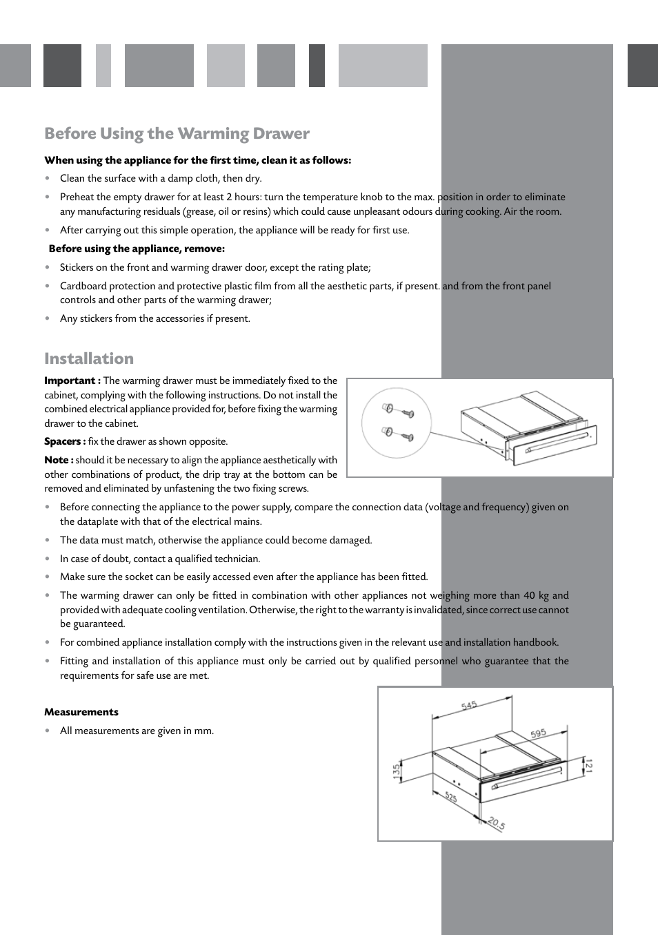 Before using the warming drawer, Installation | CDA SVW140 User Manual | Page 3 / 12
