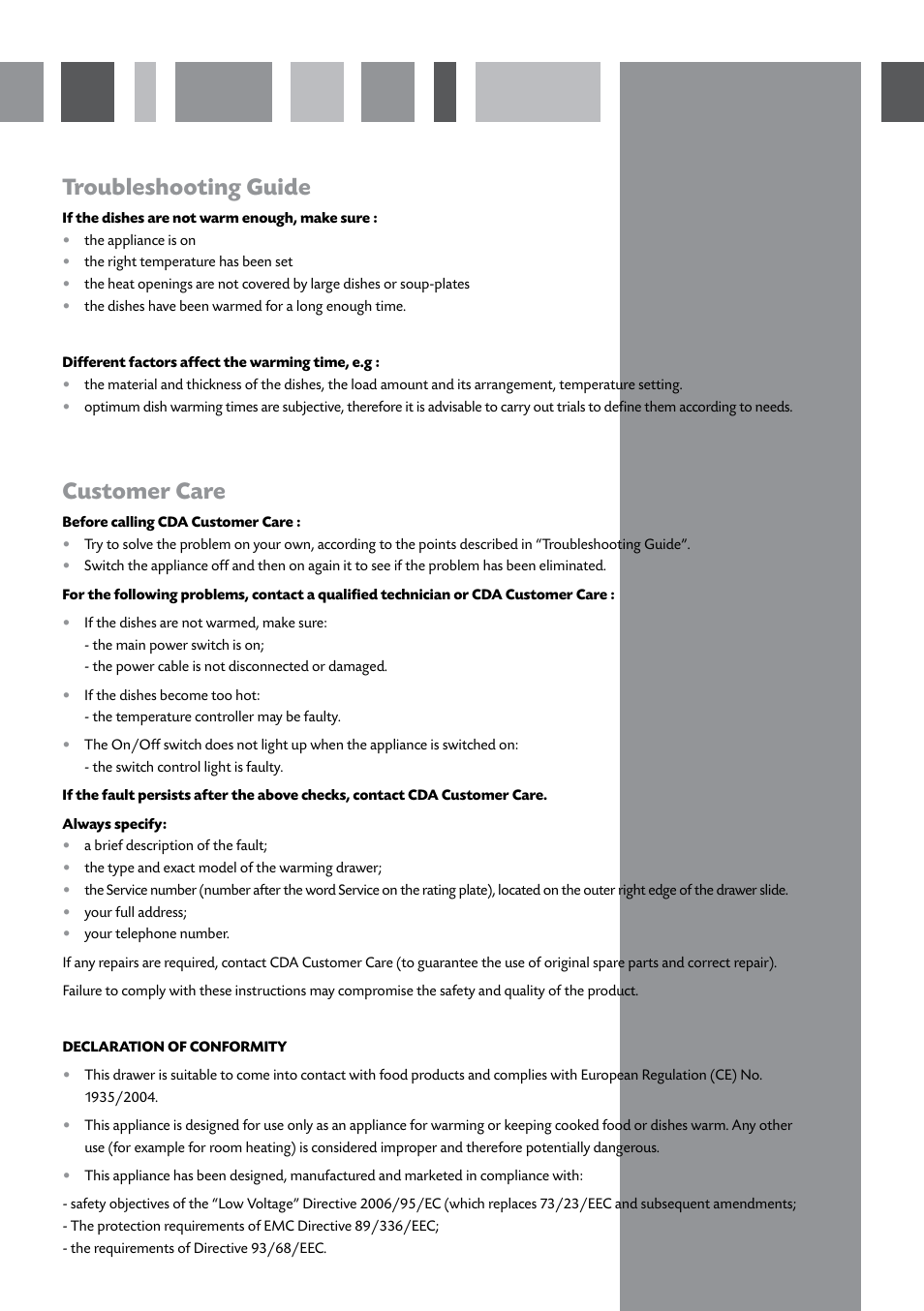 Troubleshooting guide, Customer care | CDA SVW140 User Manual | Page 7 / 12