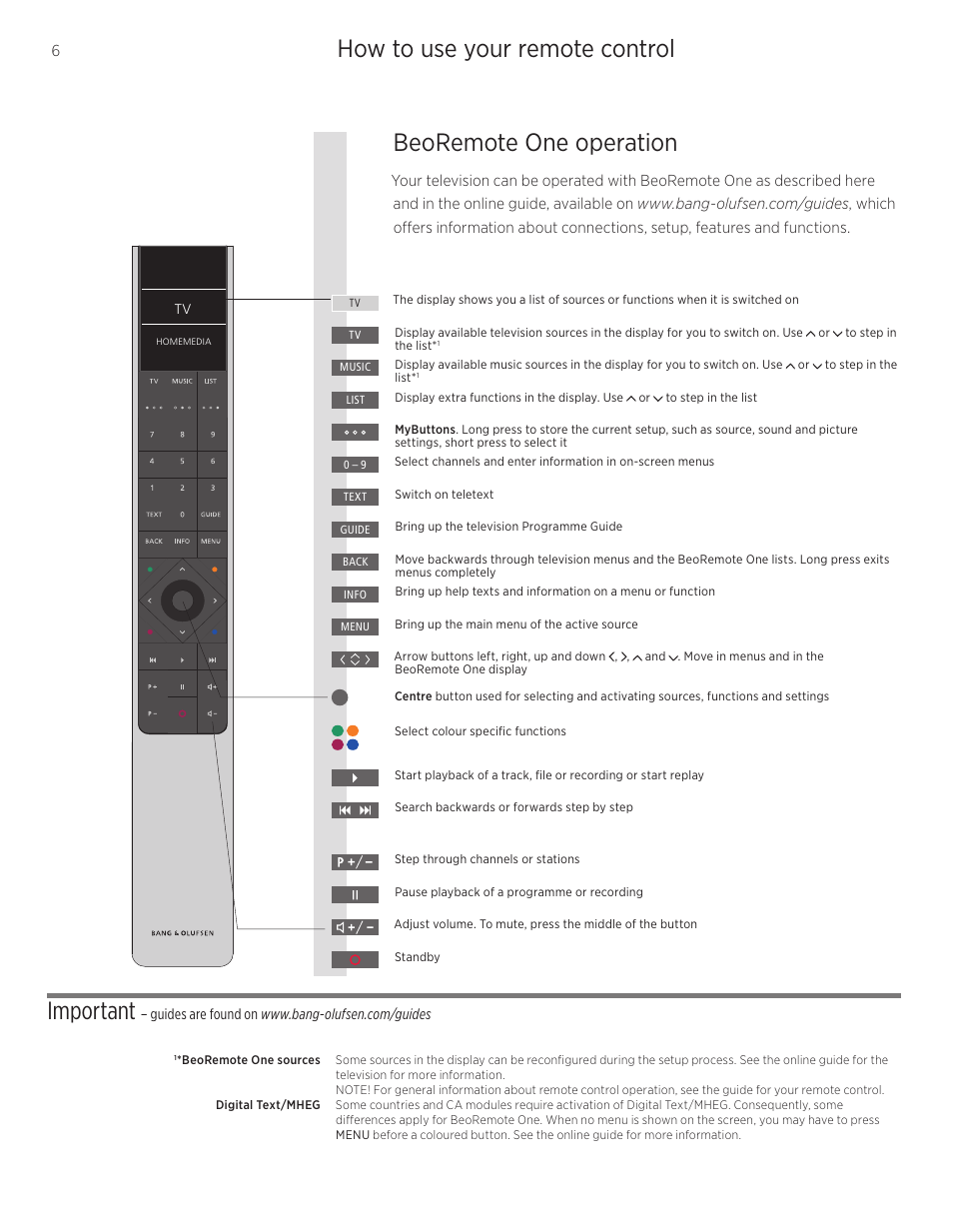 How to use your remote control, How to use your remote control important, Beoremote one operation | Bang & Olufsen BeoVision 11–40 User Manual | Page 6 / 36