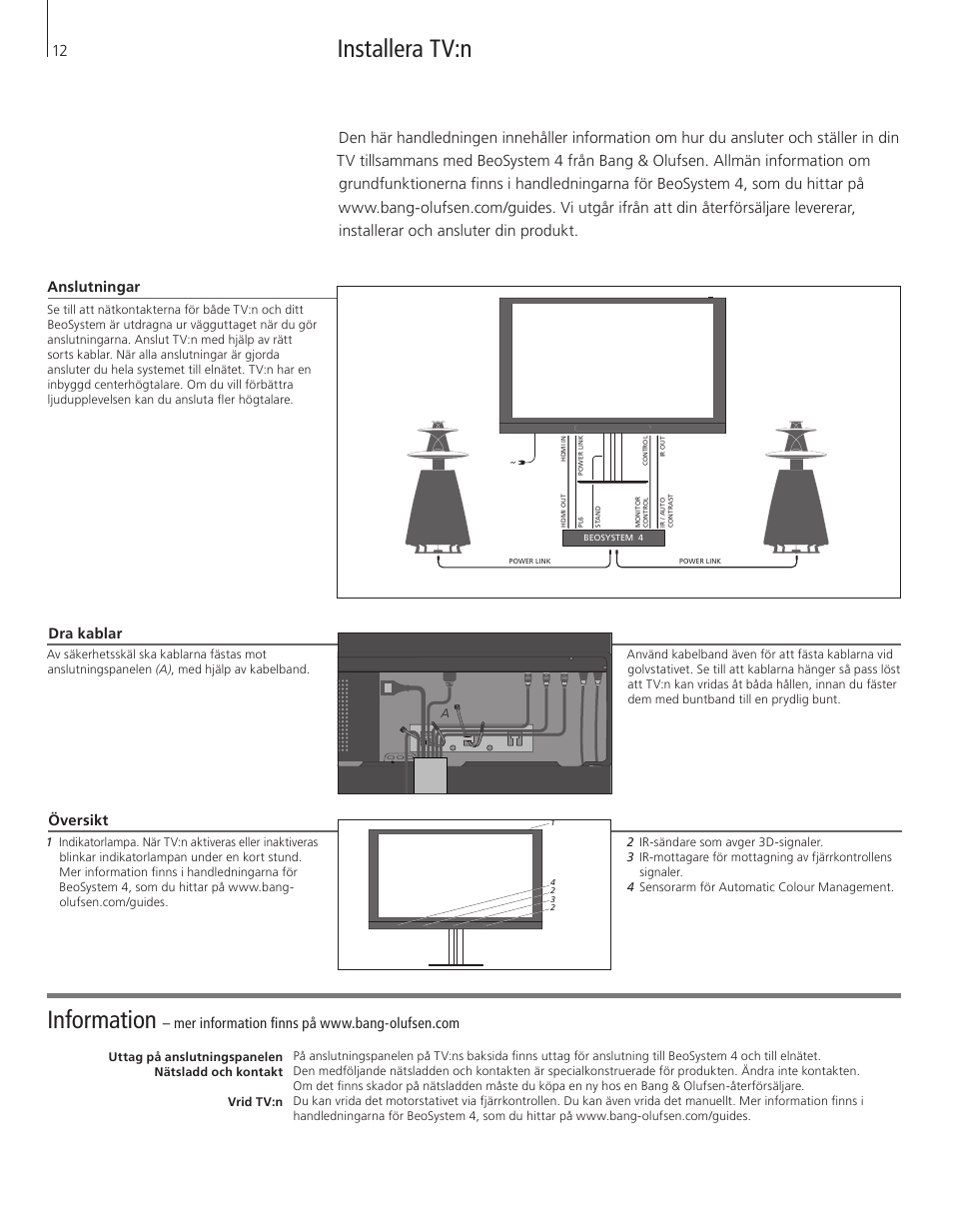 Svenska (swedish), Information, Installera tv:n | Dra kablar, Anslutningar, Översikt | Bang & Olufsen BeoVision 12 (Floor Stand) User Manual | Page 12 / 48