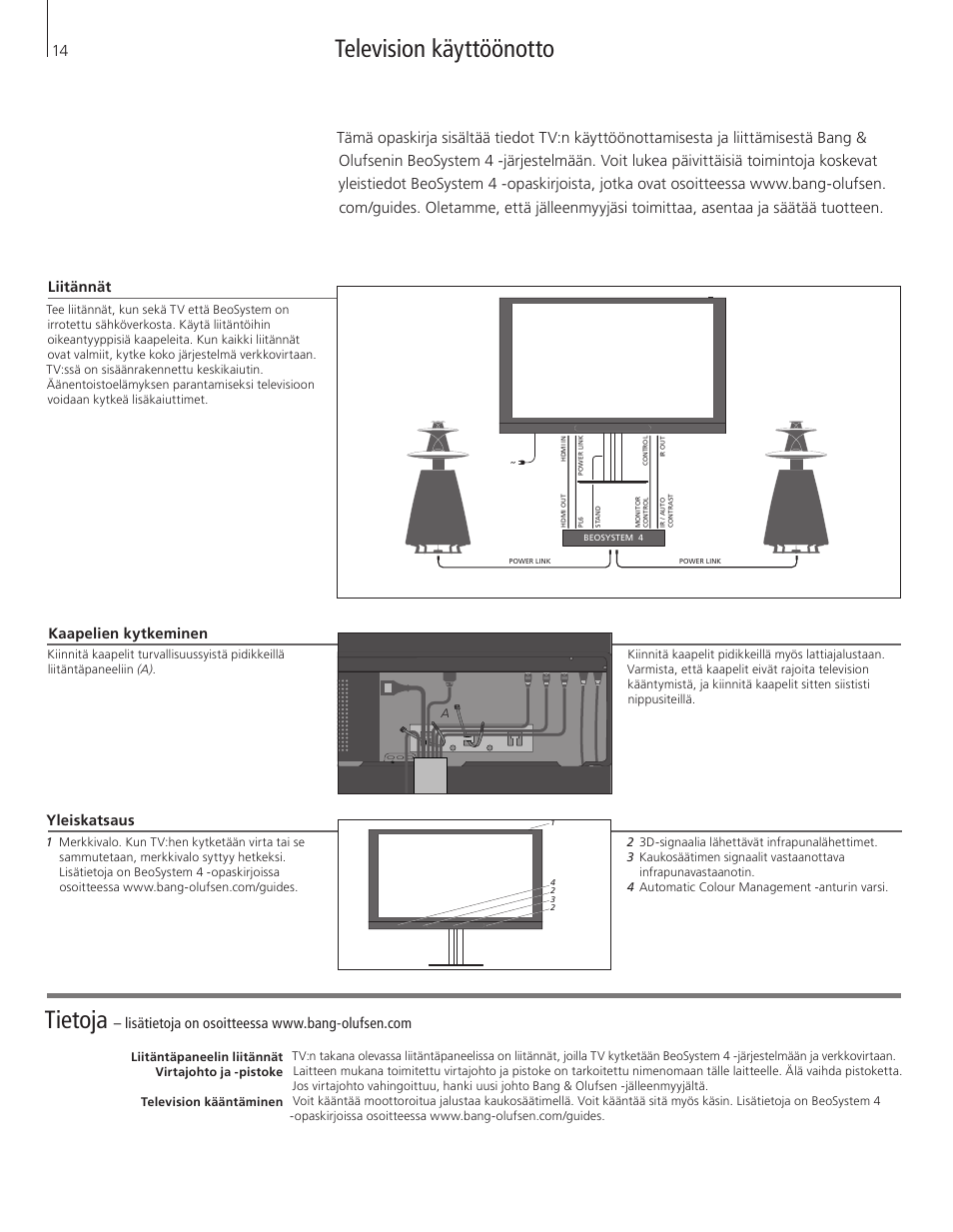 Suomi (finnish), Tietoja, Television käyttöönotto | Kaapelien kytkeminen, Liitännät, Yleiskatsaus | Bang & Olufsen BeoVision 12 (Floor Stand) User Manual | Page 14 / 48