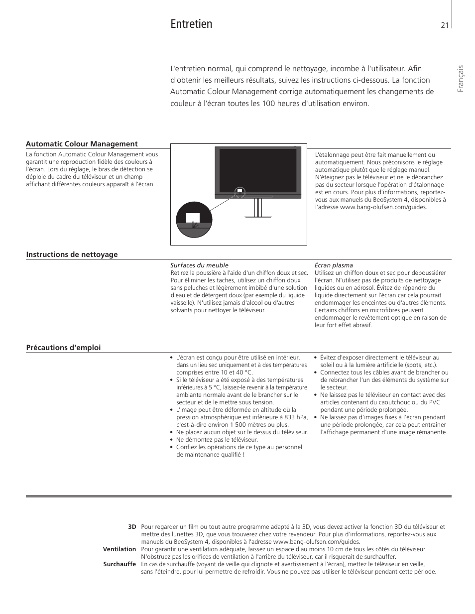 Entretien | Bang & Olufsen BeoVision 12 (Floor Stand) User Manual | Page 21 / 48