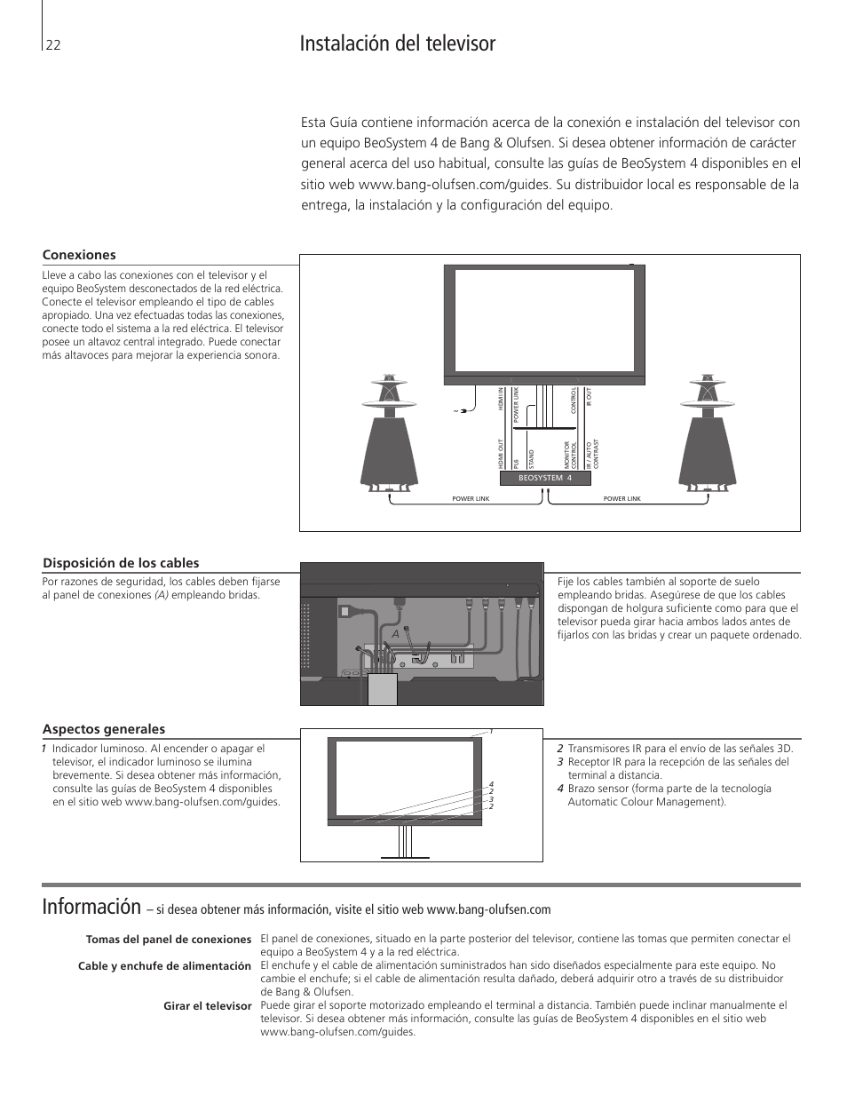 Español (spanish), Información, Instalación del televisor | Disposición de los cables, Conexiones, Aspectos generales | Bang & Olufsen BeoVision 12 (Floor Stand) User Manual | Page 22 / 48