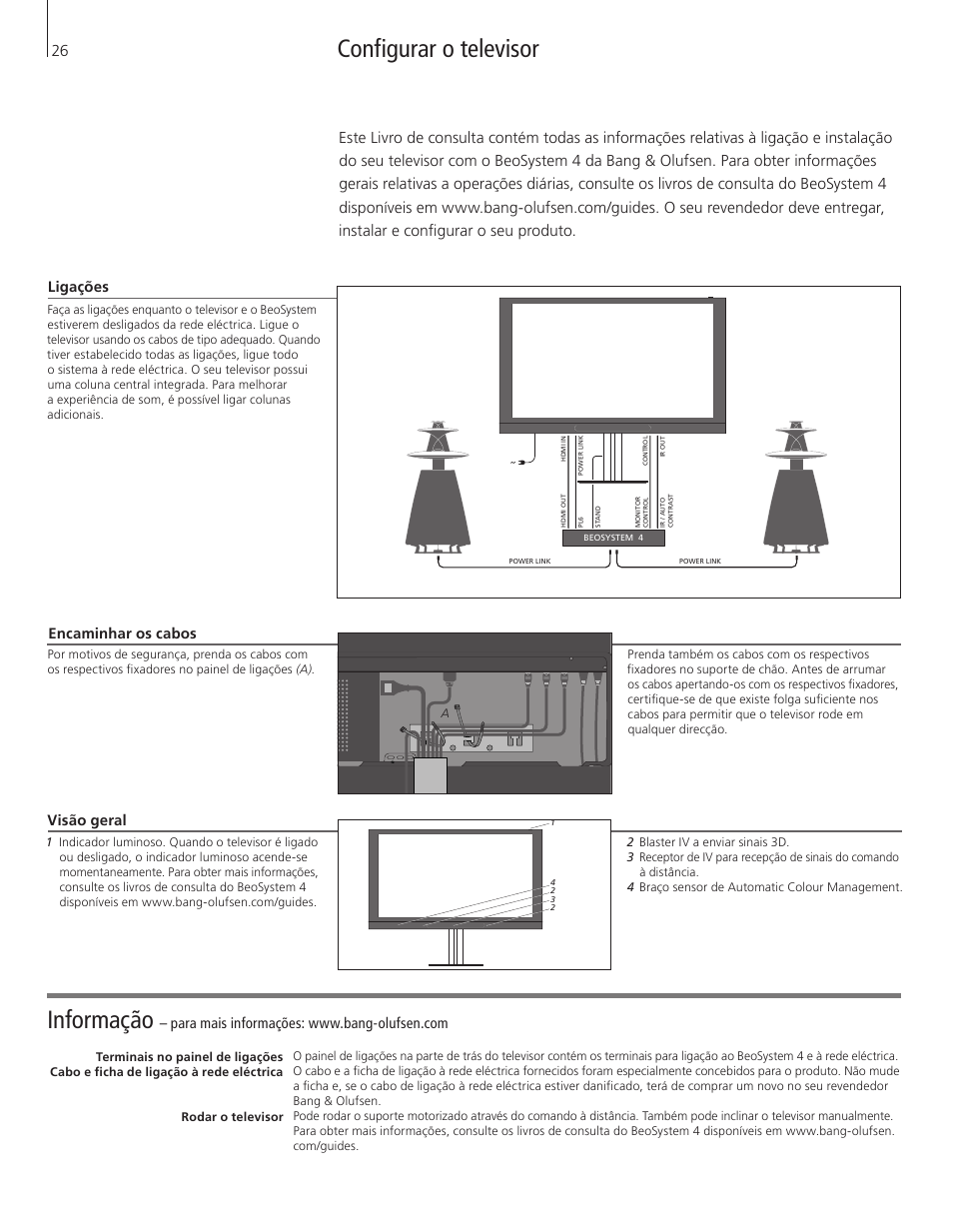 Português (portuguese), Informação, Configurar o televisor | Encaminhar os cabos, Ligações, Visão geral | Bang & Olufsen BeoVision 12 (Floor Stand) User Manual | Page 26 / 48