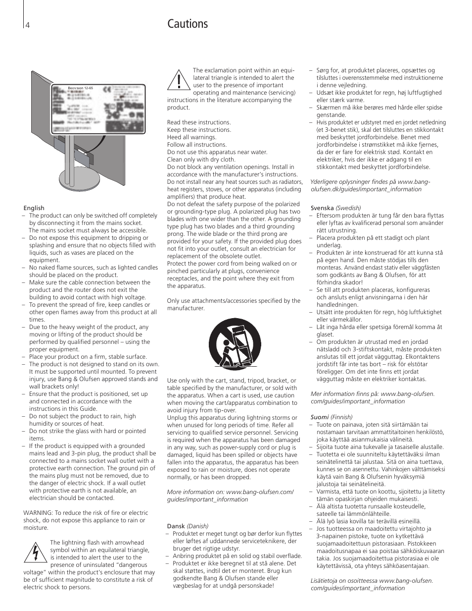 Cautions | Bang & Olufsen BeoVision 12 (Floor Stand) User Manual | Page 4 / 48