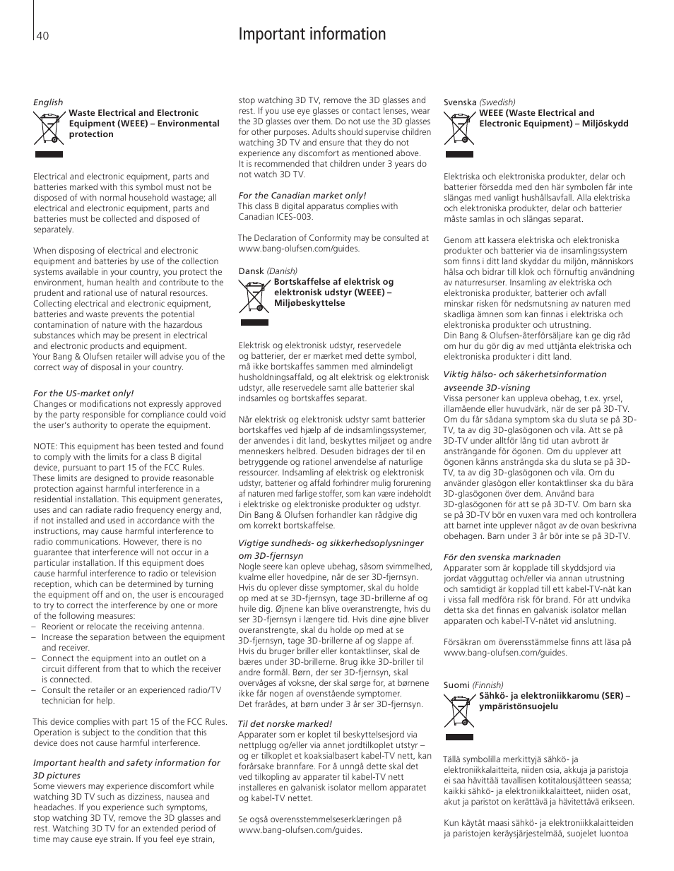 Important information | Bang & Olufsen BeoVision 12 (Floor Stand) User Manual | Page 40 / 48
