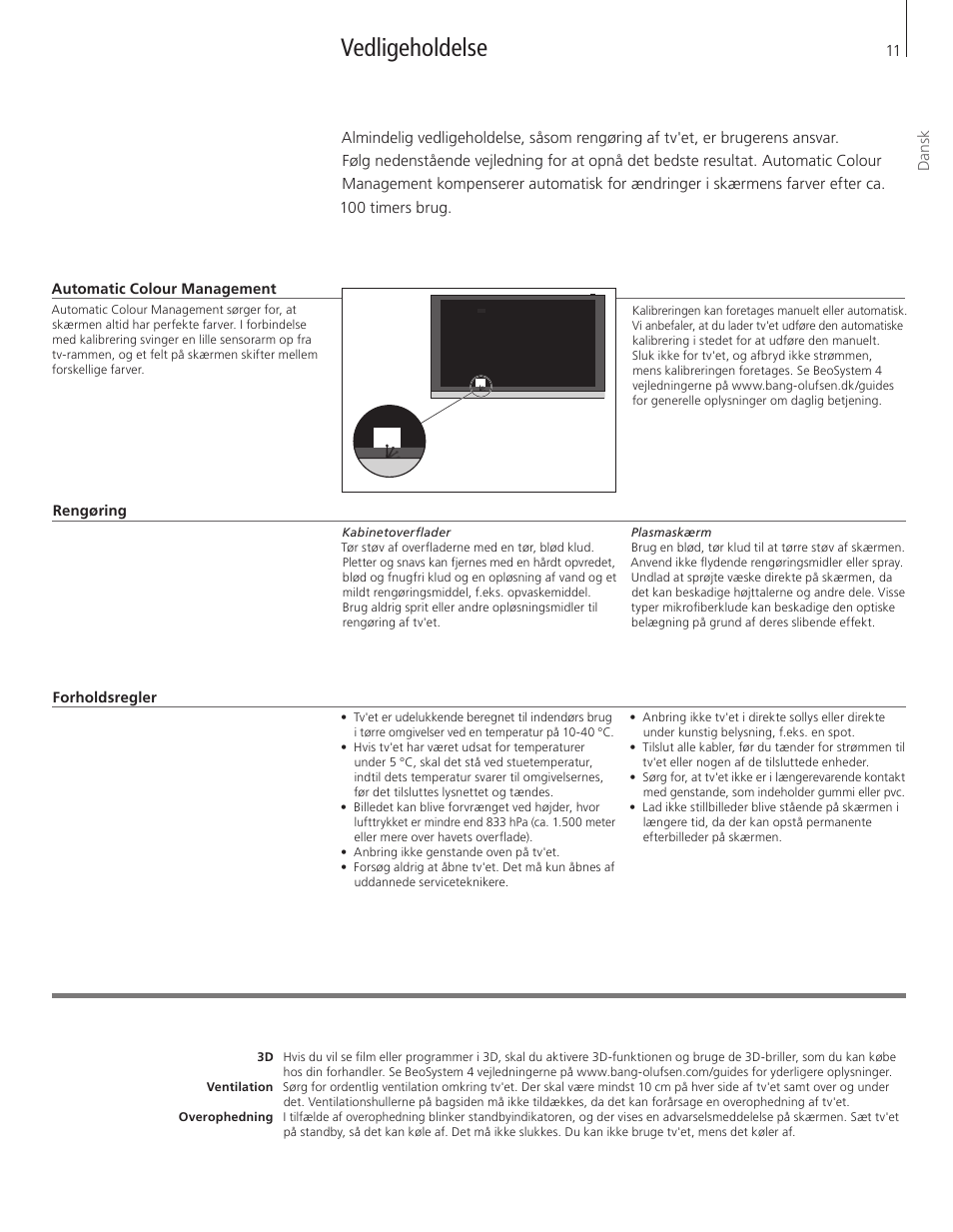 Dansk, Vedligeholdelse | Bang & Olufsen BeoVision 12 (Wall Bracket) User Manual | Page 11 / 48