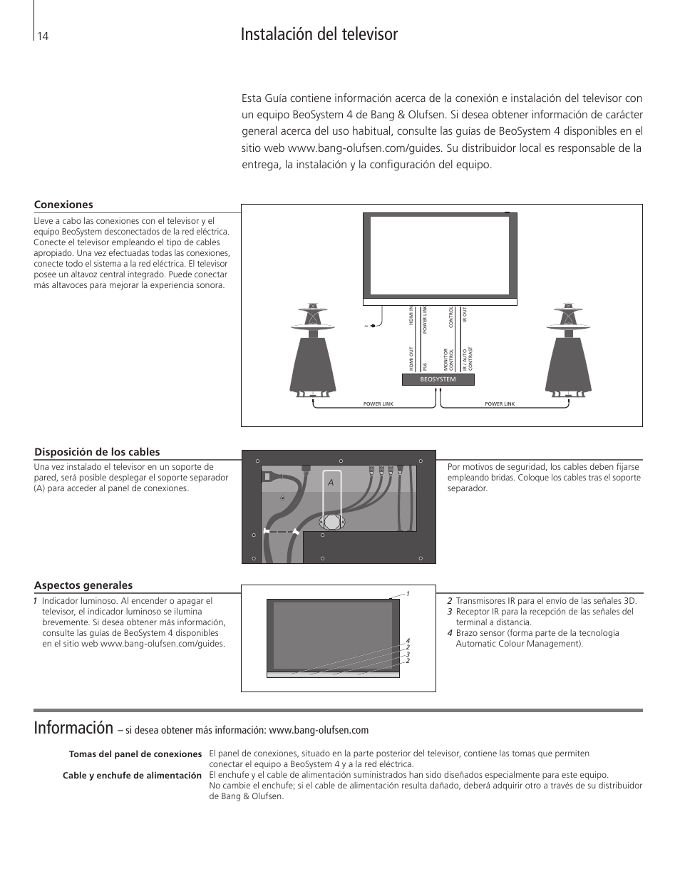 Español (spanish), Información, Instalación del televisor | Disposición de los cables, Conexiones, Aspectos generales | Bang & Olufsen BeoVision 12 (Wall Bracket) User Manual | Page 14 / 48