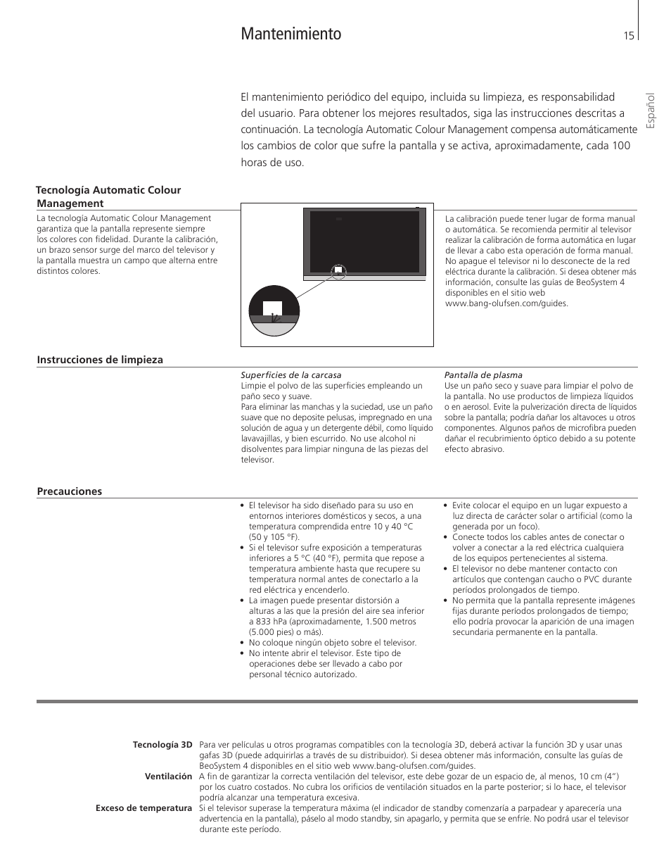 Español, Mantenimiento | Bang & Olufsen BeoVision 12 (Wall Bracket) User Manual | Page 15 / 48