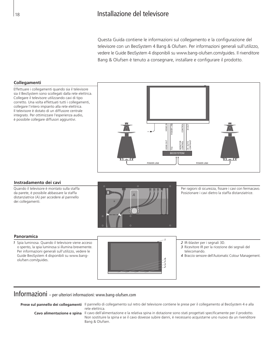 Italiano (italian), Informazioni, Installazione del televisore | Instradamento dei cavi, Collegamenti, Panoramica | Bang & Olufsen BeoVision 12 (Wall Bracket) User Manual | Page 18 / 48