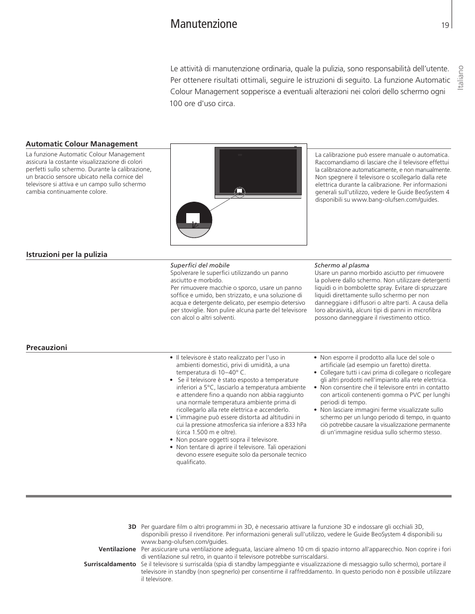Italiano, Manutenzione | Bang & Olufsen BeoVision 12 (Wall Bracket) User Manual | Page 19 / 48