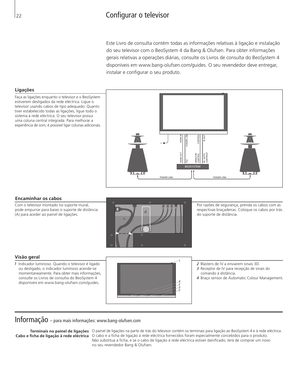 Português (portuguese), Informação, Configurar o televisor | Encaminhar os cabos, Ligações, Visão geral | Bang & Olufsen BeoVision 12 (Wall Bracket) User Manual | Page 22 / 48