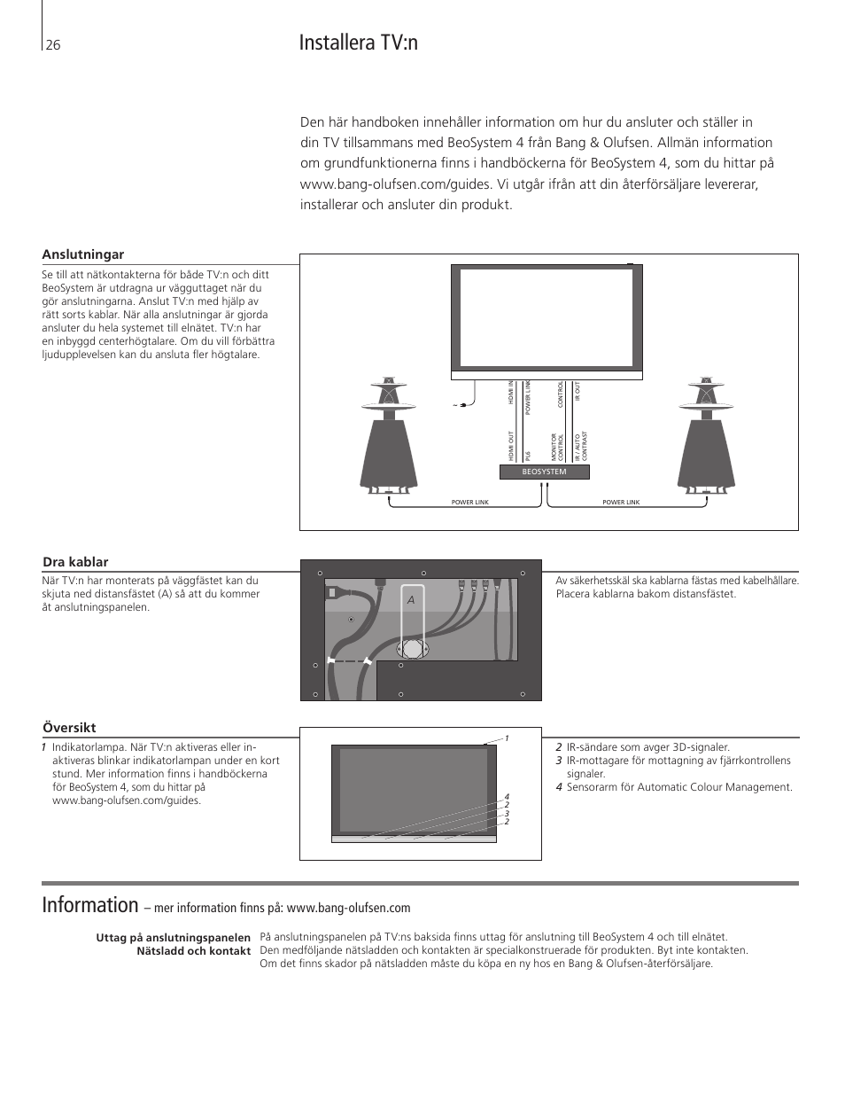 Svenska (swedish), Information, Installera tv:n | Dra kablar, Anslutningar, Översikt | Bang & Olufsen BeoVision 12 (Wall Bracket) User Manual | Page 26 / 48