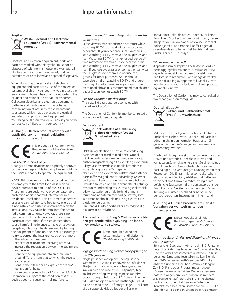 Important information | Bang & Olufsen BeoVision 12 (Wall Bracket) User Manual | Page 40 / 48