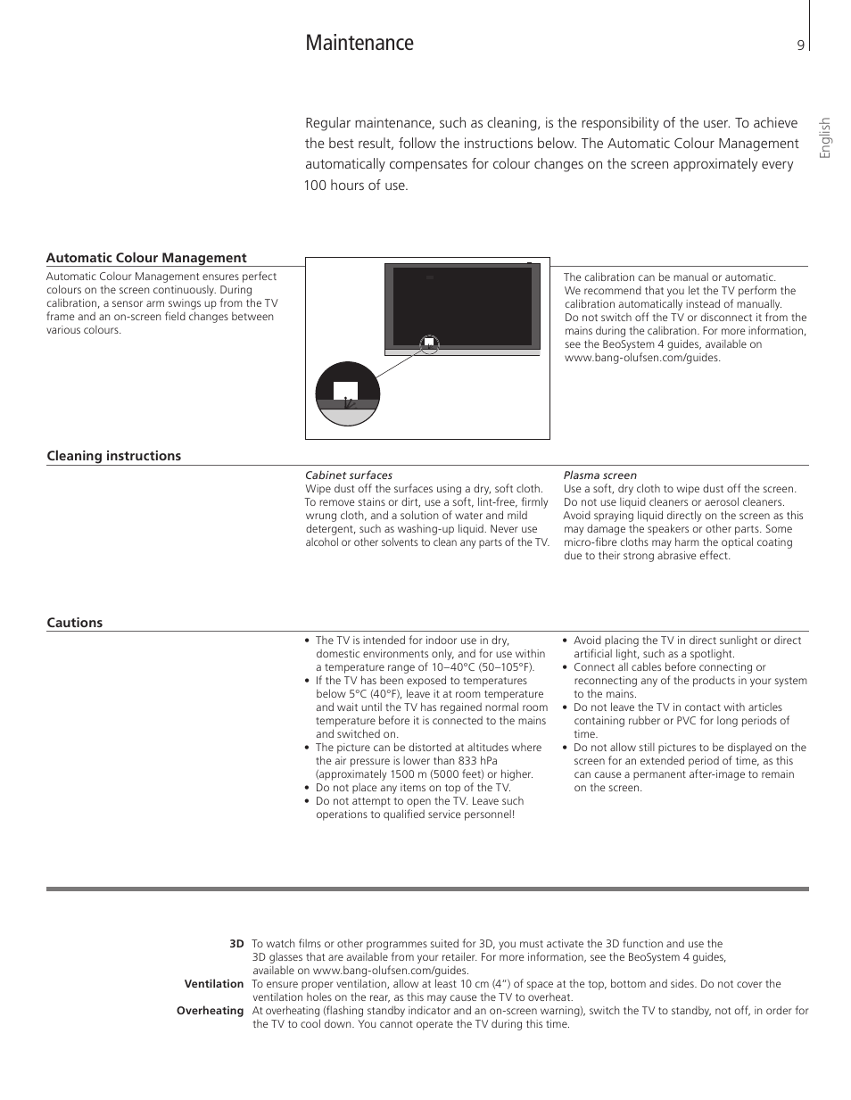 English, Maintenance | Bang & Olufsen BeoVision 12 (Wall Bracket) User Manual | Page 9 / 48
